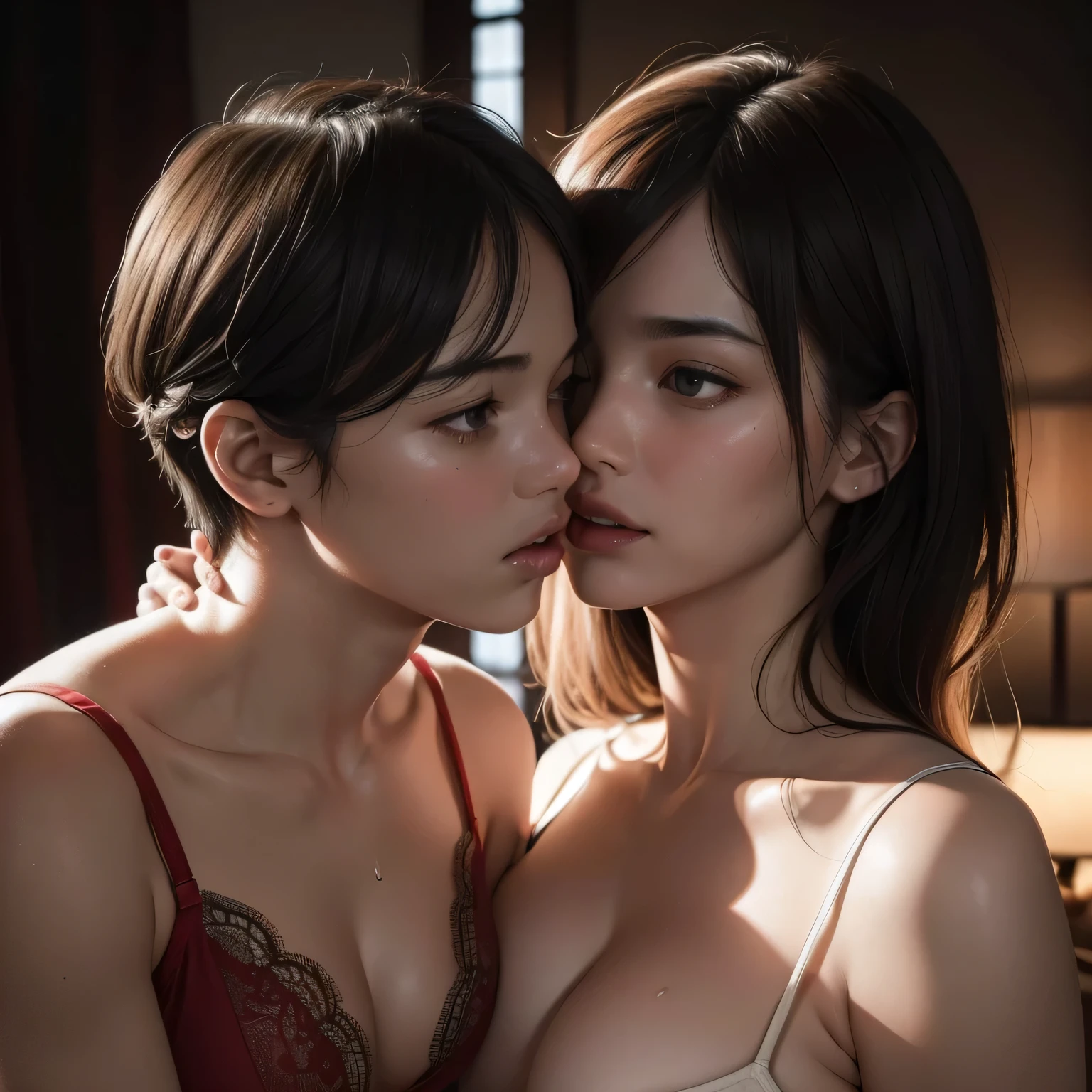 (best quality,highres,ultra-detailed,realistic:1.37),portrait,shirtless boy passionately kissing a woman in intense scene,sexy red lingerie,unbuttoned sheer white shirt,dark room with warm lighting,sweaty and lustful,erotic,passionate making out [intimate details],one lamp,]