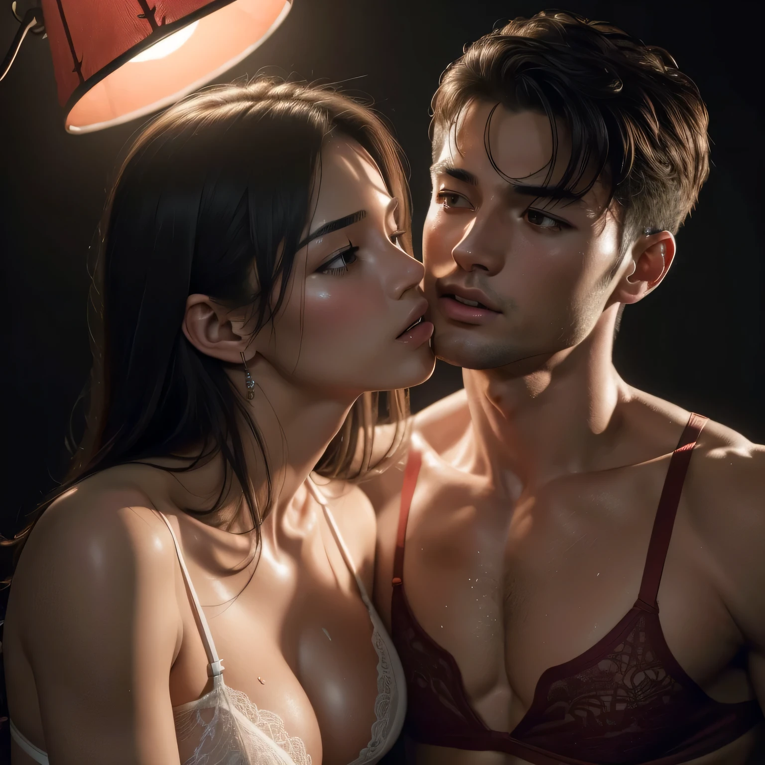 (best quality,highres,ultra-detailed,realistic:1.37),portrait,shirtless boy passionately kissing a woman in intense scene,sexy red lingerie,unbuttoned sheer white shirt,dark room with warm lighting,sweaty and lustful,erotic,passionate making out [intimate details],one lamp,]