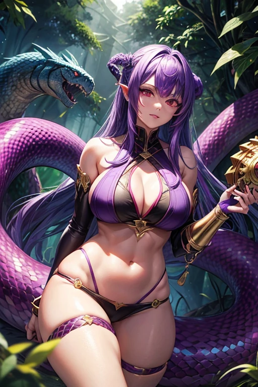 woman look at giant snake with two purple heads purple scales decorated with golden runes red eyes sharp white fangs looking directly at viewer forest background rattlesnake with red stinger