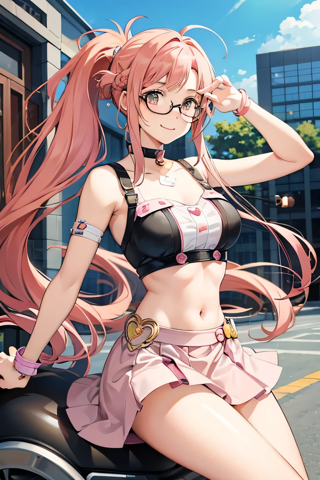 Create an adorable anime-style illustration of a  girl with pink hair, wearing a stylish  with a mini skirt. She has a playful ponytail and a sweet smile as she confidently straddles a motorcycle. With stylish glasses adding to her charm, she radiates a cute and endearing vibe, perfect for an anime-style illustration.