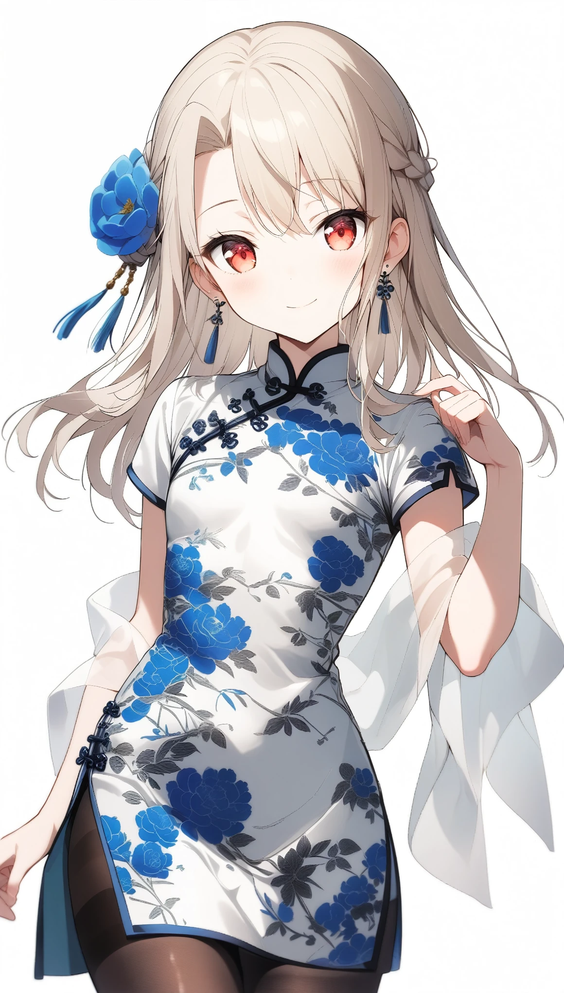 qipao,solo,1girl,(illyasviel von einzbern),red_eyes,cream hair,(french braid),smile,blue flower,breasts,china dress,chinese clothes,dress,shawl,earrings,floral print,hand up,long hair,looking at viewer,pantyhose,print dress,simple background,smile,solo,white background