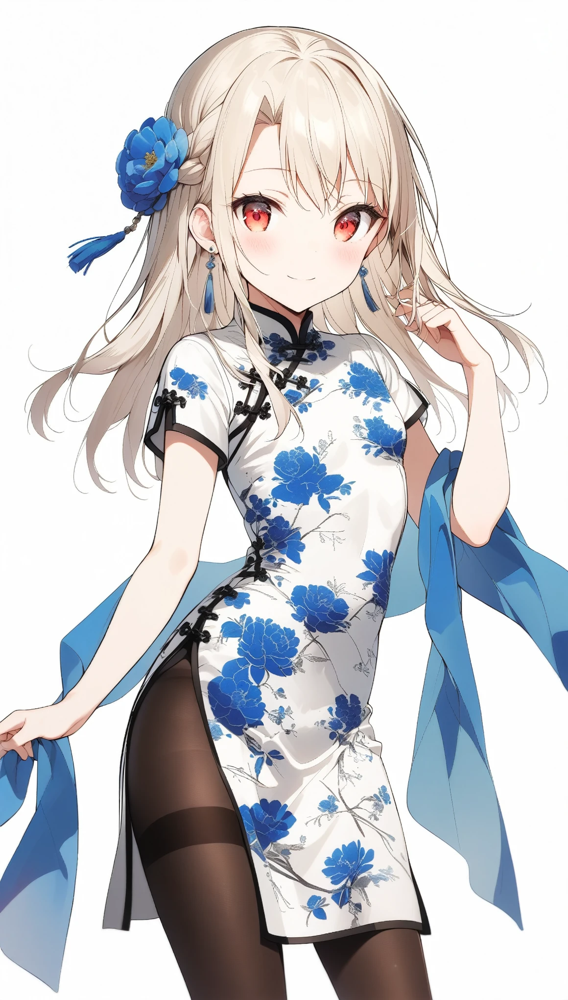 qipao,solo,1girl,(illyasviel von einzbern),red_eyes,cream hair,(french braid),smile,blue flower,breasts,china dress,chinese clothes,dress,shawl,earrings,floral print,hand up,long hair,looking at viewer,pantyhose,print dress,simple background,smile,solo,white background