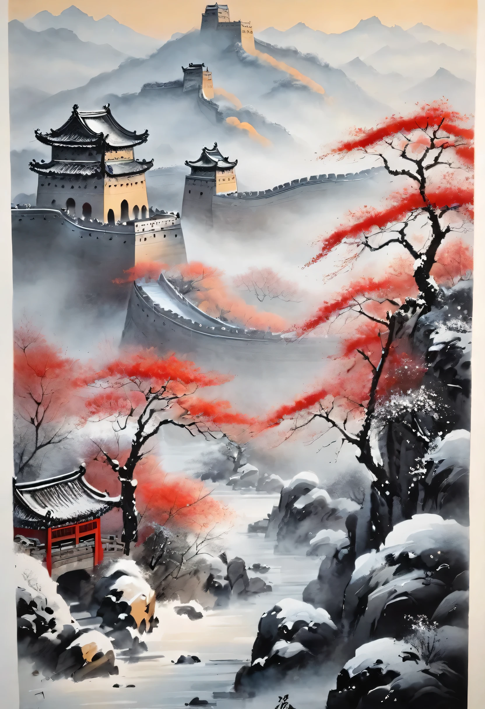 Traditional Chinese ink painting,Winter Wonderland,Early morning sunrise,The winding Great Wall,Subtle gray and black tones,majestic mountains,Snow covered trees,A light mist enveloped the entire scene,Peace and tranquility atmosphere,With hints of red and gold,Natural Elements,delicate brushstrokes,Ethereal Beauty,Black and white contrast,harmonious composition,Fine details,Beautiful movements,Sublime tranquility,artistic response,Sublime beauty,endless depth,Exquisite artistic craftsmanship,aesthetics,resonance,Traditional ink painting,Signed red seal.32k