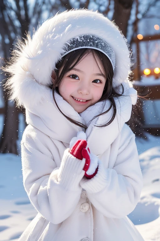 Playful 5 girl, Throwing snowballs,Snowy winter scene,cheerful and energetic,smile,Sparkling eyes,Warm winter clothes,Rosy Cheeks,Active behavior,fluffy snowflakes,Detailed snowball formation,Crisp, clear details,Snow covered trees々or ground,Fun and easy-going atmosphere,Vibrant colors,High resolution,Professional winter photography lights