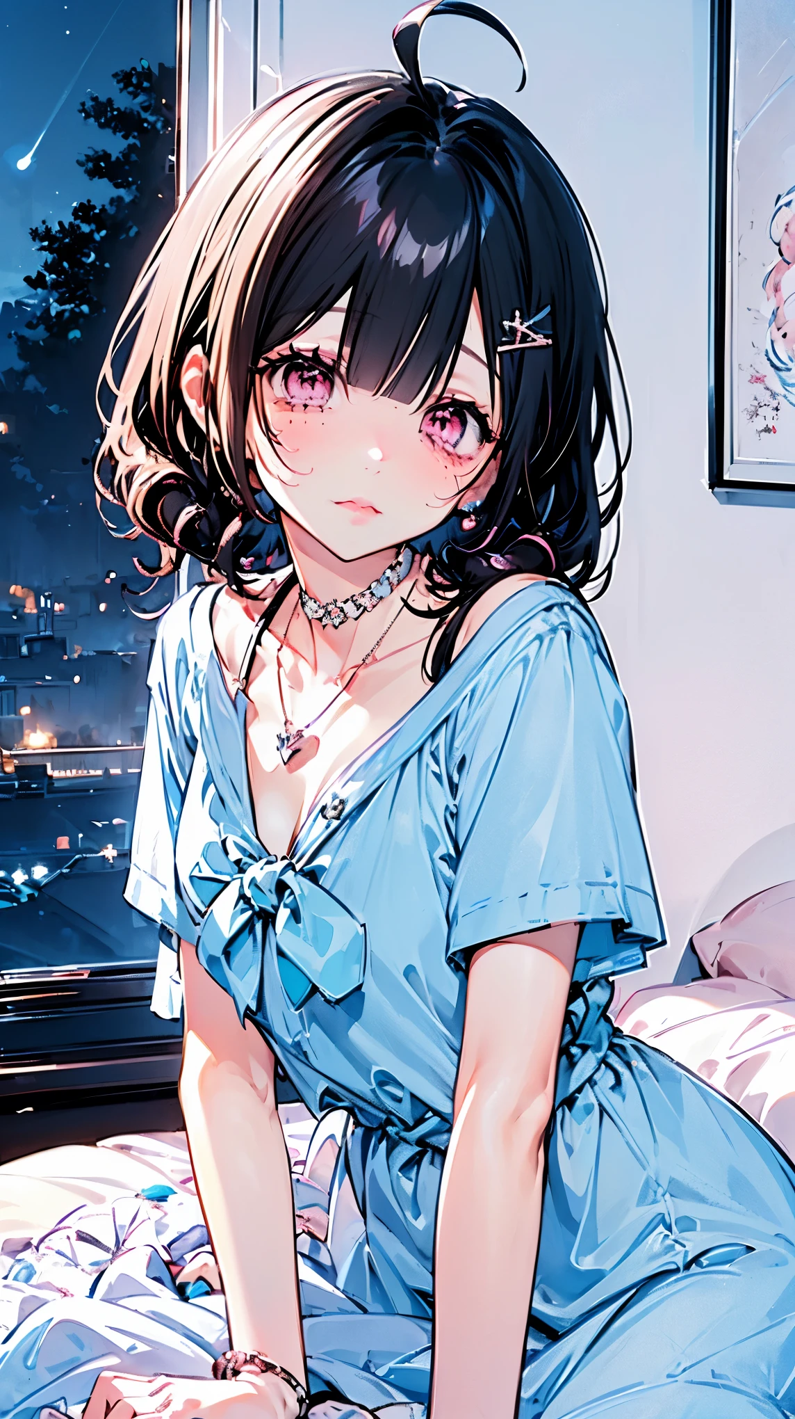 {{{{masterpiece}}}}, {{{Super detailed}}}, {{{high resolution}}},{{high resolution:1.3}}, {{good anatomy}}, (((best quality))), ((on the bed,indoor,blue theme,anime style,anime girl)),(((pink eyes,black hair streaked blue inside))),(big perfect eyes),((yandere,dark eyelash)),(((smart casual in pale blue color,collarbone,white dress, jewelry, choker,necklace,dark atmosphere,night time))), hairclip, {8k cg wallpaper}, {{illustration,zoom in,focus on face,close-up shot, looking out a window}},((ahoge|floating hair|blunt bangs|short hair|curly perm))smile,(1girl:1), bride,solo,alone,(Color difference:1.2),emotionless,blushing,neat face,(medium breasts),((The details are complex、Shallow depth of field、weak lighting、a Canon EOS R5、50mm lens、f / 2.8、shot at 8k resolution))