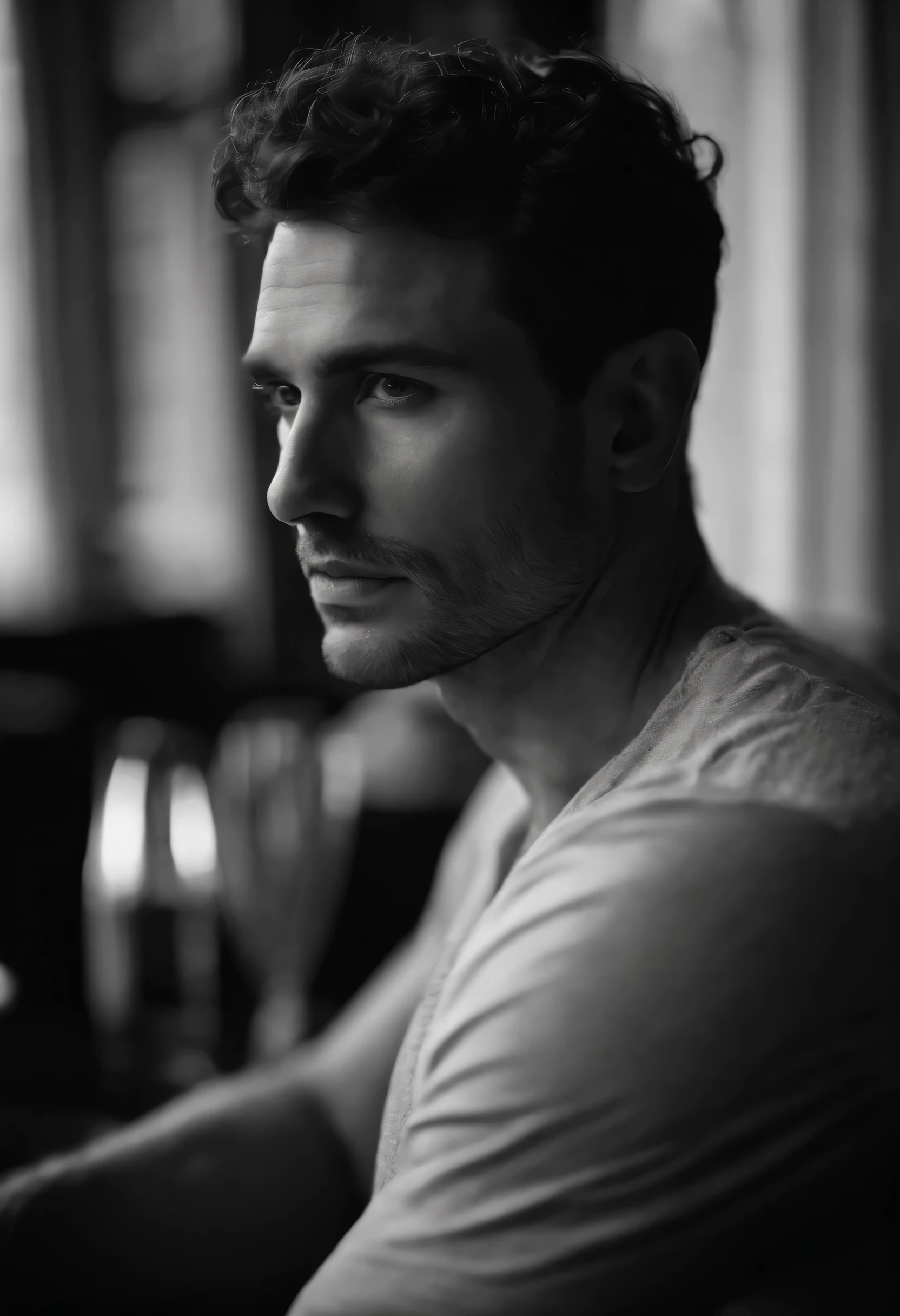 membros sensuais: The Handsome Enigmatic Look - Mergulhe em sombras sensuais com um close extremo que destaca olhos marcantes e curtos, cabelo castanho curto cacheado, (barbeado:1.3), (40 anos:1.3). The mastery of light and shadow adds depth to his masculine appearance in this dramatic composition........ Capturado com uma Fujifilm GFX 100S e uma Fujinon GF 63mm f/2.Objetivo 8 R WR --ar 9:16 --s 350 --c 10 --estilo bruto