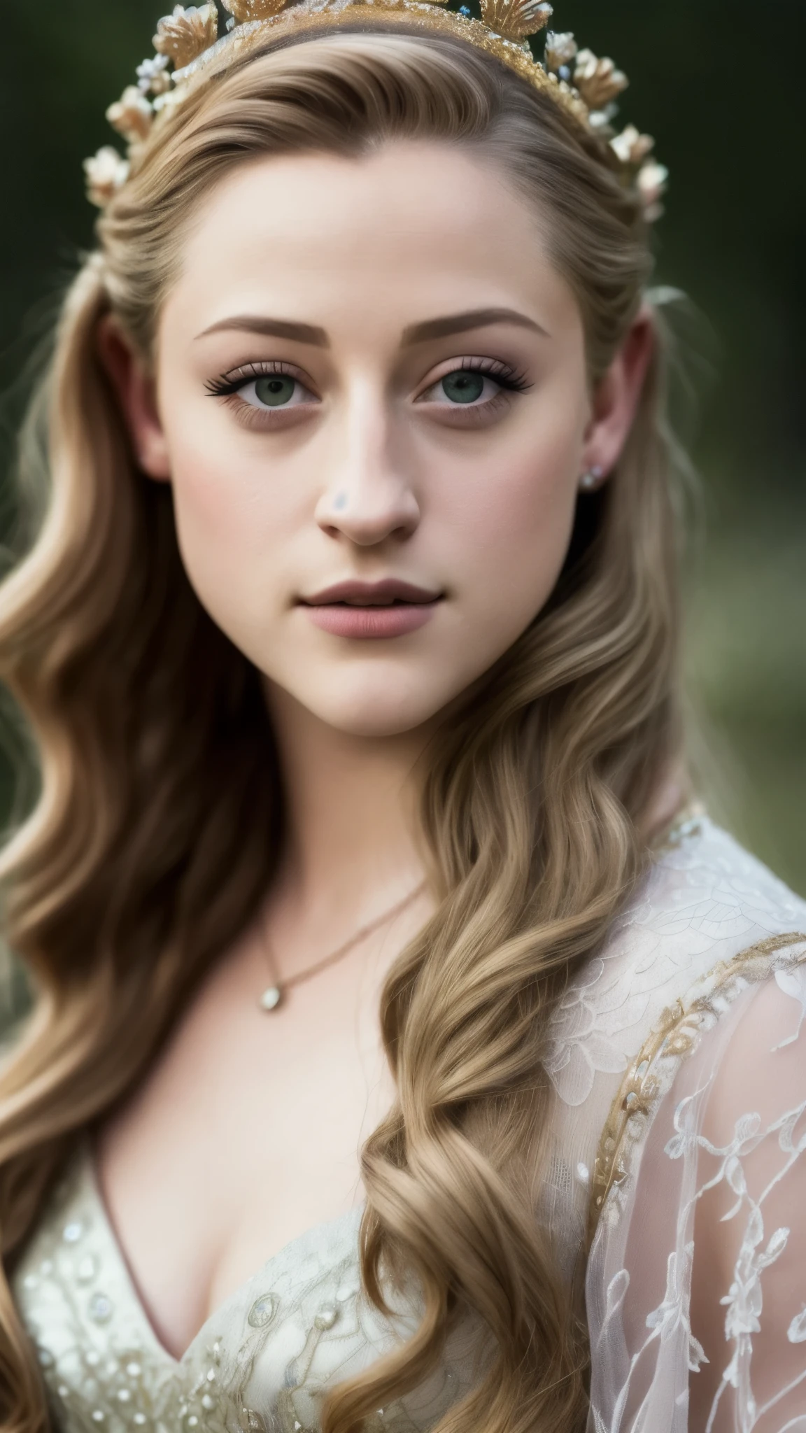 Looks like Lili Reinhart, photo of Eleanor of Aquitaine, highly detailed face, depth of field, moody light, atmospheric lighting, highly detailed, centered, extremely detailed, Nikon D850, award winning photography