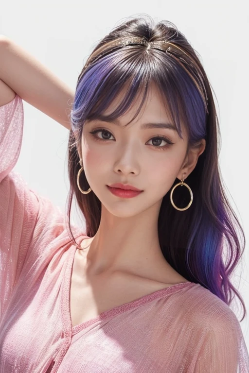 highest quality, Very detailed, masterpiece, 1 person,woman,(((完璧なwomanの体))),Very beautiful face, Very beautiful body,Gentle expression, Very beautiful eyes,(Perfect Makeup:1.1),Fashion Model,Curly Hair,Shaggy Hair,Fluorescent pink and blue hair:1.3, Very thin body,Smart Abs, Chiffon blouse,A kind smile,Upper body portrait,(White background), (Shiny skin),(Earrings),