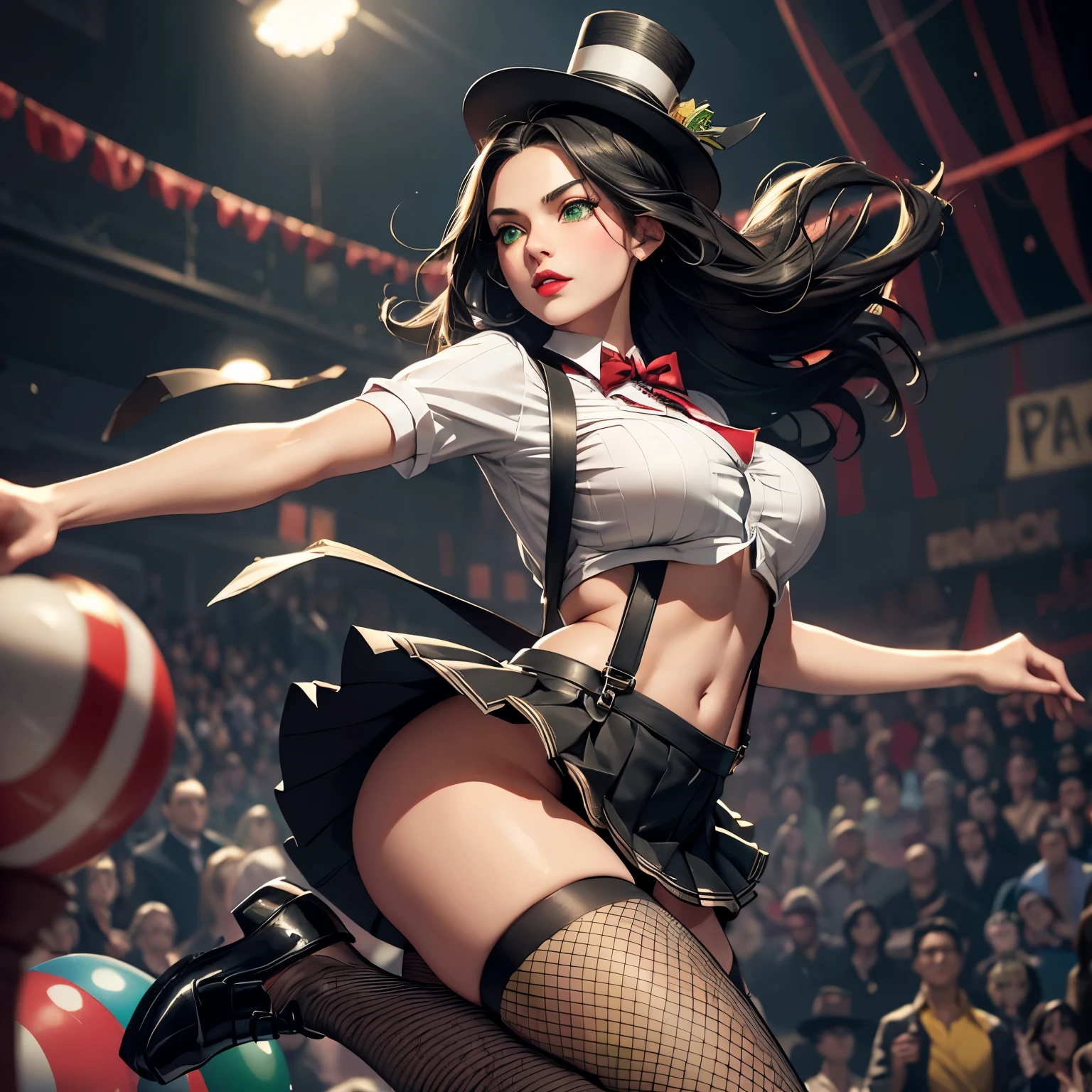 A girl, juggling, circus, skilled with juggling, beautiful and detailed background, wearing (white cropped shirt), (black pleated mini skirt with suspenders), (fishnet stockings), (Mary janes shoes), (top hat) circus paintings, juggling jumping ), (Dynamic Angle: 1.4), (Masterpiece: 1.2), (Best Quality: 1.2), (8K Wallpaper, HDR, Created Assets, Octane Rendering), (Messy Hair, Glossy Black Hair, Medium Hair long: 1.2), (beautiful green eyes and details: 1.3), (intricate details), (red lips, teeth: 1.2), (beautiful face with perfect symmetry), (medium and natural breasts), (skin shape with contours , correct texture, high details), (bright natural skin color: 1, 2), cinematic lighting, (vivid colors, perfect color tone, realistic), (high resolution, 4K, ultra-detail), depth of field.