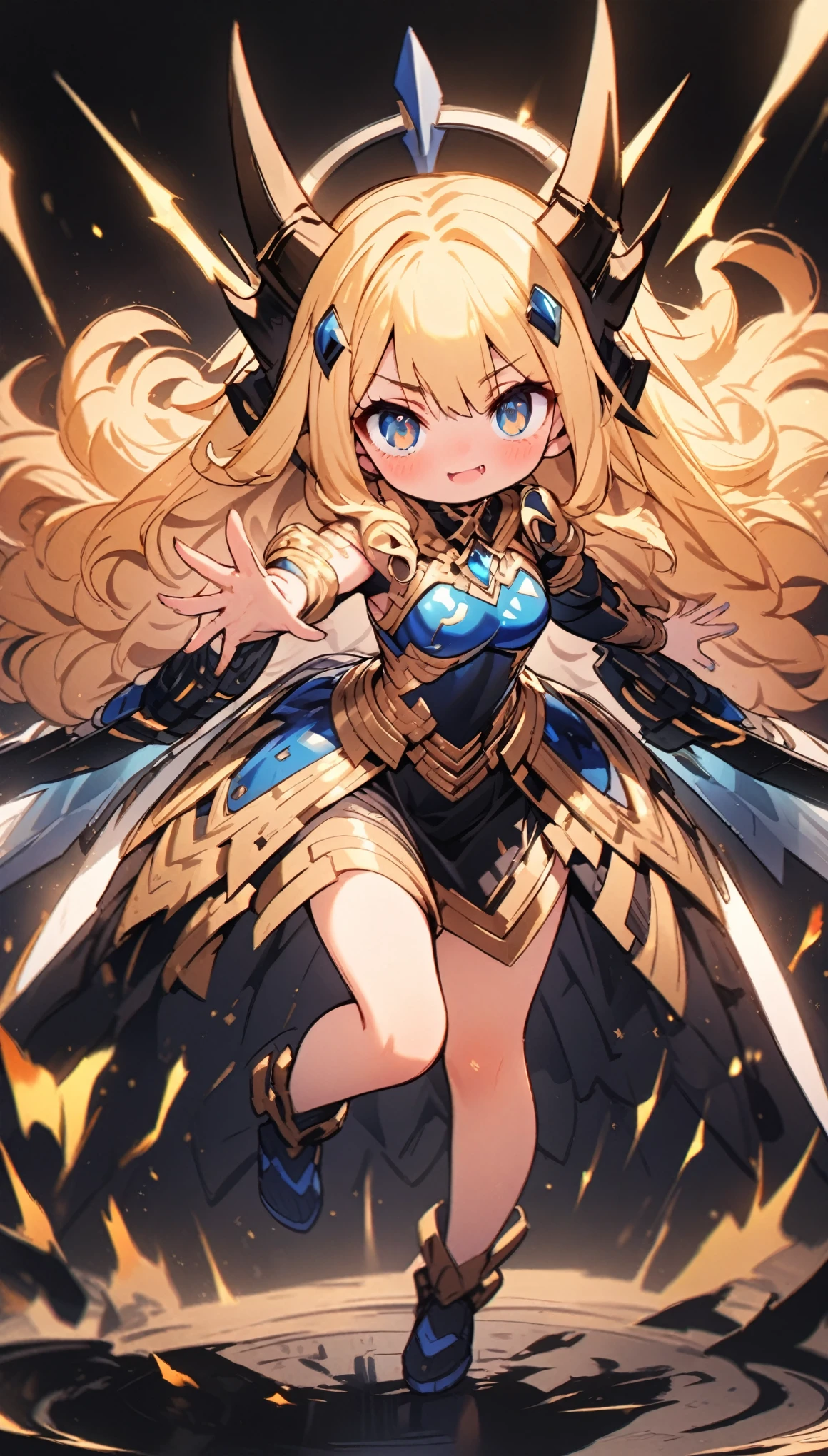 masterpiece, Best Quality, Very detailed, High resolution, Japanese anime、1girl, Blonde Hair、（ Medium length hair：1.4）、Side braid hair, Curly Hair, Wavy Hair、, Drill Hair, Curly Outward Hair, Dragon Horn, (mechanical wing:1.2), (blue eyes：1.5）、（Beautiful detailed eyes：1.4）、Laughter、、3 heads, original character, Fantasy、（Black Background：1.2）、(full body:1.8)、Beautiful fingers, Are standing、（Gold blue Lace Frill Armor Dress：1.5）、（Jeweled Headgear：1.5）、Photographed from the front, View your viewers