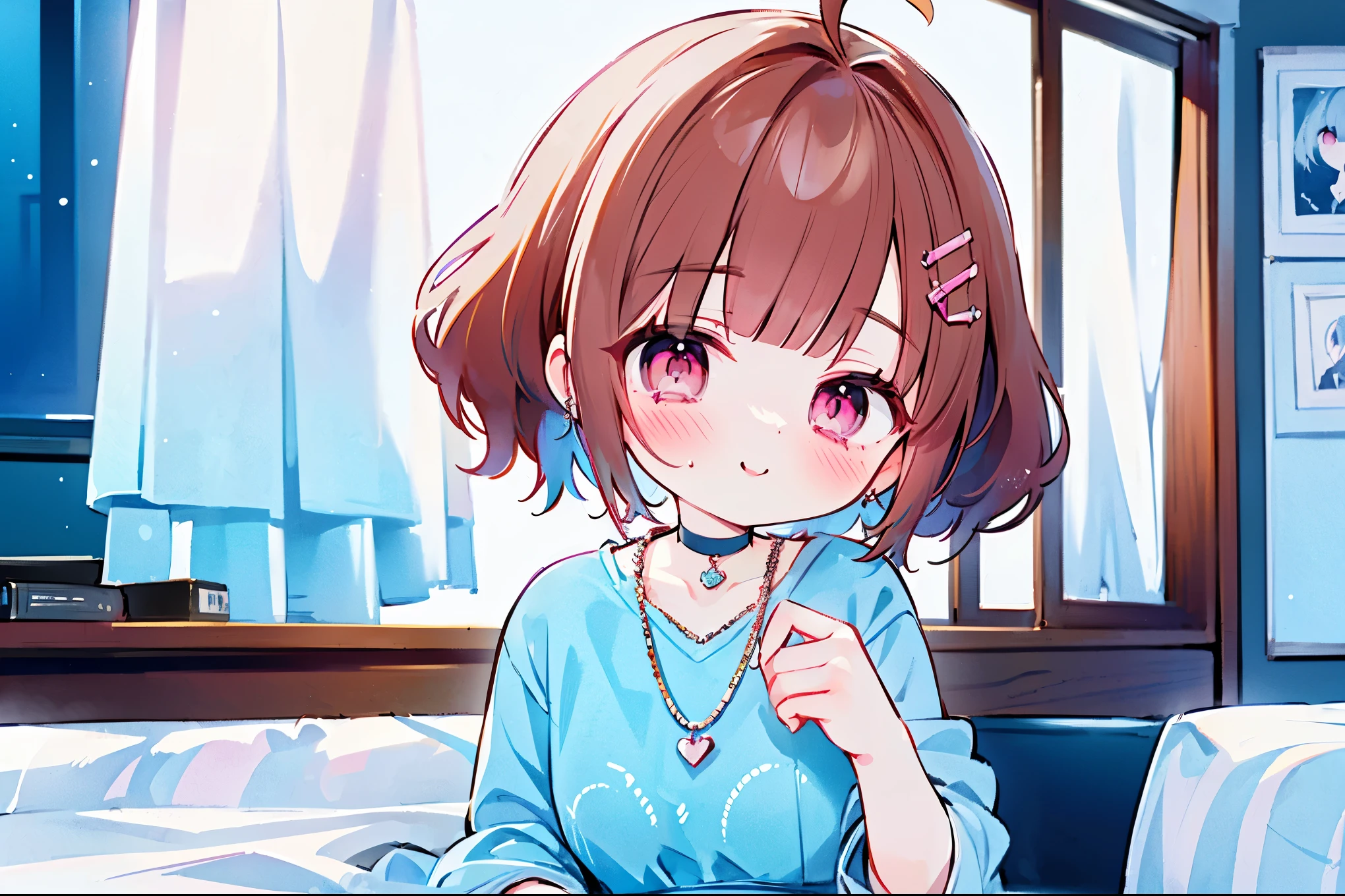{{{{masterpiece}}}}, {{{Super detailed}}}, {{{high resolution}}},{{high resolution:1.3}}, {{good anatomy}}, (((best quality))), ((on the bed,indoor,blue theme,anime style,anime girl)),(((pink eyes,brown hair))),(big perfect eyes),((yandere,dark eyelash)),(((smart casual in pale blue color,collarbone,white dress, jewelry, choker,necklace,dark atmosphere,night time))), hairclip, {8k cg wallpaper}, {{illustration,zoom in,focus on face,close-up shot, looking out a window}},((ahoge|floating hair|blunt bangs|short hair|curly perm))smile,(1girl:1), bride,solo,alone,(Color difference:1.2),(yandere smile,evil smile,Dark circles),blushing,neat face,(medium breasts),((The details are complex、Shallow depth of field、weak lighting、a Canon EOS R5、50mm lens、f / 2.8、shot at 8k resolution))