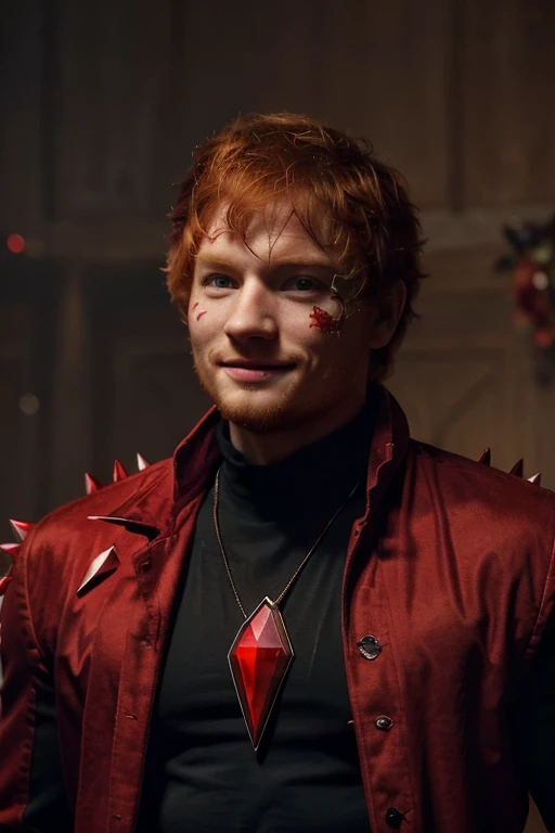 Crie um poster do Ed sheeran, sorrindo com um olhar sedutor, com cara de assassino, a handsome and strong superhero with a red crystal on his chest, strong red-haired superhero with scarlet diamond powers wearing a black shirt and a scarlet red overcoat with large spiky red crystals coming out of his back