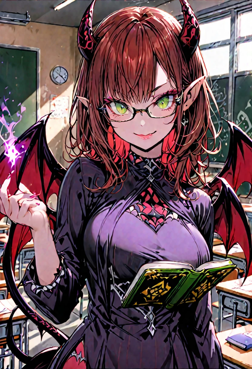 solo, female, sfw, medium shot, succubus, demon horns, large demon wings, spade tail, modest clothes, large breasts:1.1, pointy ears, magic on hand, holding book, glasses, smile, auburn hair, green eyes, classroom
