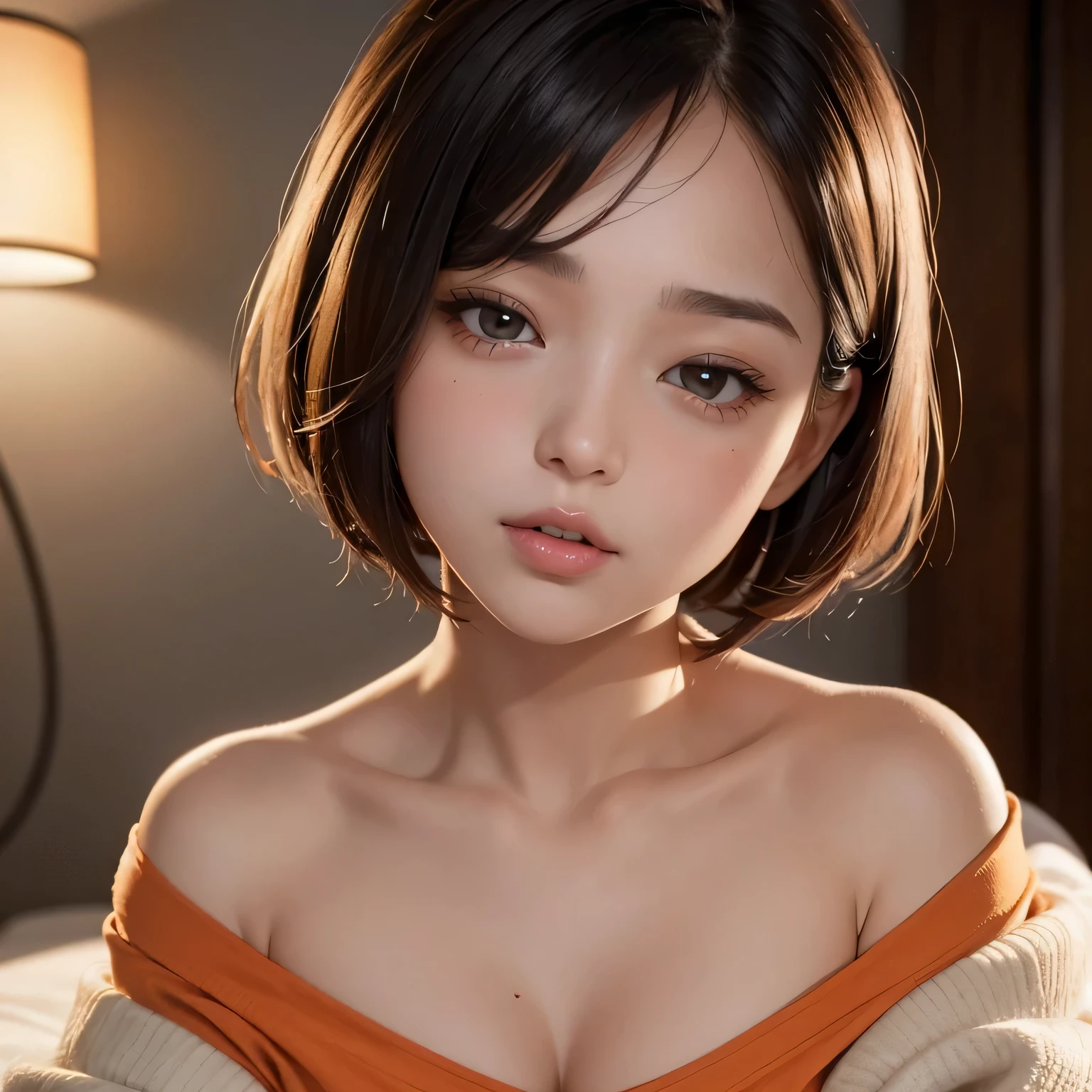 in 8K、top-quality、masterpiece、ultra-detailliert、超A high resolution、((2 girls))、tiny chest、Love hotel rooms、Pink lighting、On the futon、Short bob hair、(fullnude)、(No clothes)、(No underwear)、(no brassiere)、((Face uplifted))、Red face、(closing eye)、((Open your mouth wide to the maximum))、gasp、(moaning)、is crying、perspiring、wetted skin、embracing each other、the kiss