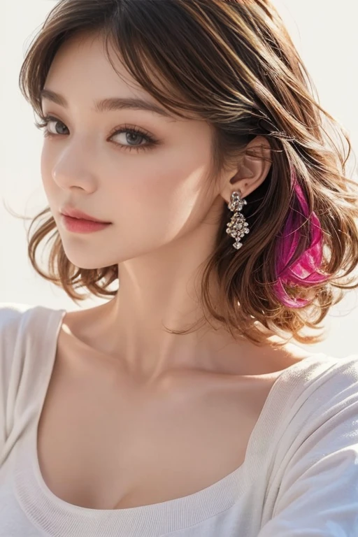 highest quality, Very detailed, masterpiece, 1 person,woman,(((完璧なwomanの体))),Very beautiful face, Very beautiful body,Gentle expression, Very beautiful eyes,(Perfect Makeup:1.1),Fashion Model,Curly Hair,Shaggy Hair,Fluorescent pink and blue hair:1.3, Very thin body,Smart Abs, Chiffon blouse,A kind smile,Upper body portrait,(White background), (Shiny skin),(Earrings),