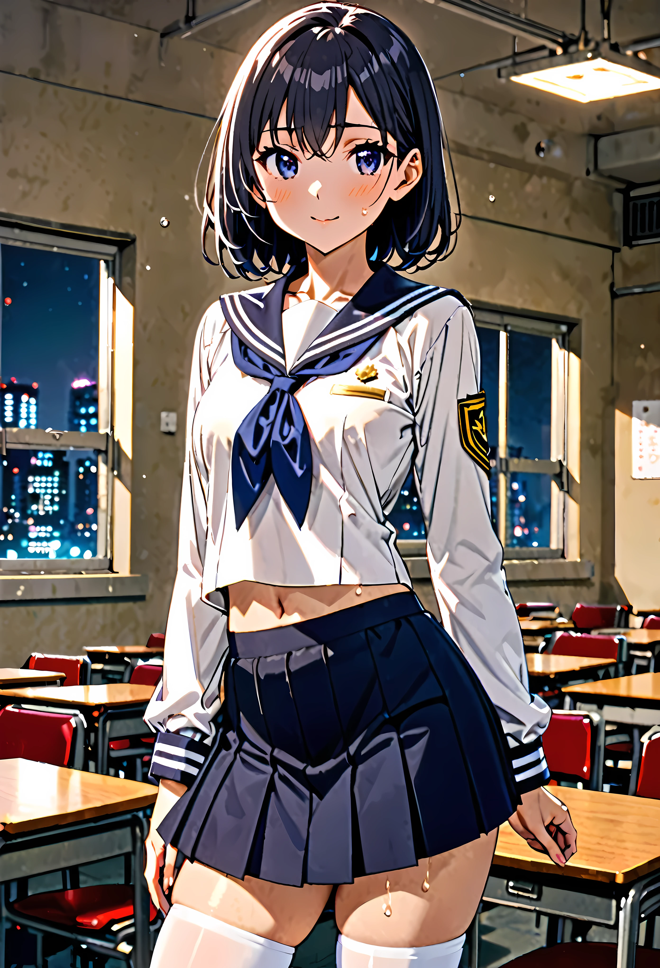 ,1 female,The perfect 20 years old,((ideal ratio body proportions:1.3,small head:1.7)),((brown skin)),((high quality anime, 8k,masterpiece,Perfect Anatomy)),(beautiful detailed face and eyes,gorgeous eye:1.3),black eyes,black hair,short bob hair,bangs,shy,smile,cowboy shot,small breasts,slender body, toned body,skinny,sweat, BREAK ,Academy Clothes,Sailor suit、blue neckerchief、pleated navy mini skirt,white_thighhighs, BREAK ,classroom、Academy、Tokyo、at night、