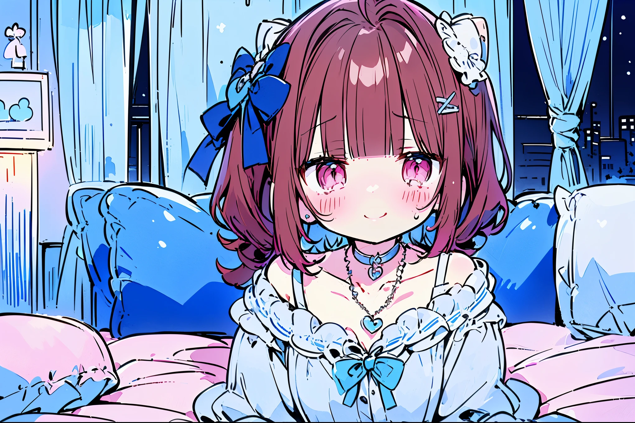 {{{{masterpiece}}}}, {{{Super detailed}}}, {{{high resolution}}},{{high resolution:1.3}}, {{good anatomy}}, (((best quality))), ((on the bed,indoor,blue theme,anime style,anime girl)),(((pink eyes,brown hair))),(big perfect eyes),((yandere,dark eyelash)),(((smart casual in pale blue color,collarbone,white dress, jewelry, choker,necklace,dark atmosphere,night time))), hairclip, {8k cg wallpaper}, {{illustration,zoom in,focus on face,close-up shot, looking out a window}},((ahoge|floating hair|blunt bangs|short hair|curly perm))smile,(1girl:1), bride,solo,alone,(Color difference:1.2),(yandere smile,evil smile,Dark circles),blushing,neat face,(medium breasts),((The details are complex、Shallow depth of field、weak lighting、a Canon EOS R5、50mm lens、f / 2.8、shot at 8k resolution))