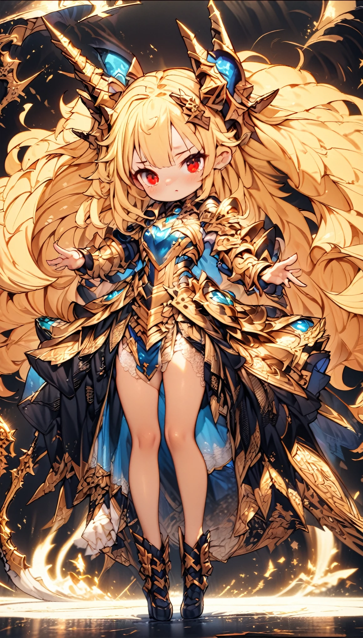 masterpiece, Best Quality, Very detailed, High resolution, Japanese anime、1girl, Blonde Hair、（long length hair：1.4）、Side braid hair, Curly Hair, Wavy Hair、, Drill Hair, Curly Outward Hair, Dragon Horn, mechanical wing,（red eyes：1.5）、（Beautiful detailed eyes：1.4）、Laughter、、3 heads, original character, Fantasy、（Black Background：1.2）、(full body:1.8)、Beautiful fingers, Are standing、（Gold blue Lace Frill Armor Dress：1.5）、（Jeweled Headgear：1.5）、Photographed from the front, View your viewers