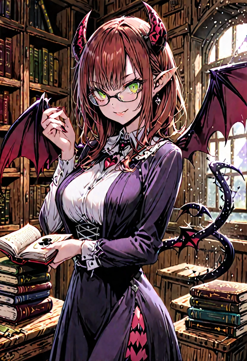 solo, female, sfw, medium shot, succubus, demon horns, large demon wings, spade tail, modest clothes, large breasts:1.1, pointy ears, magic on hand, book, glasses, smile, auburn hair, green eyes, antique wooden classroom