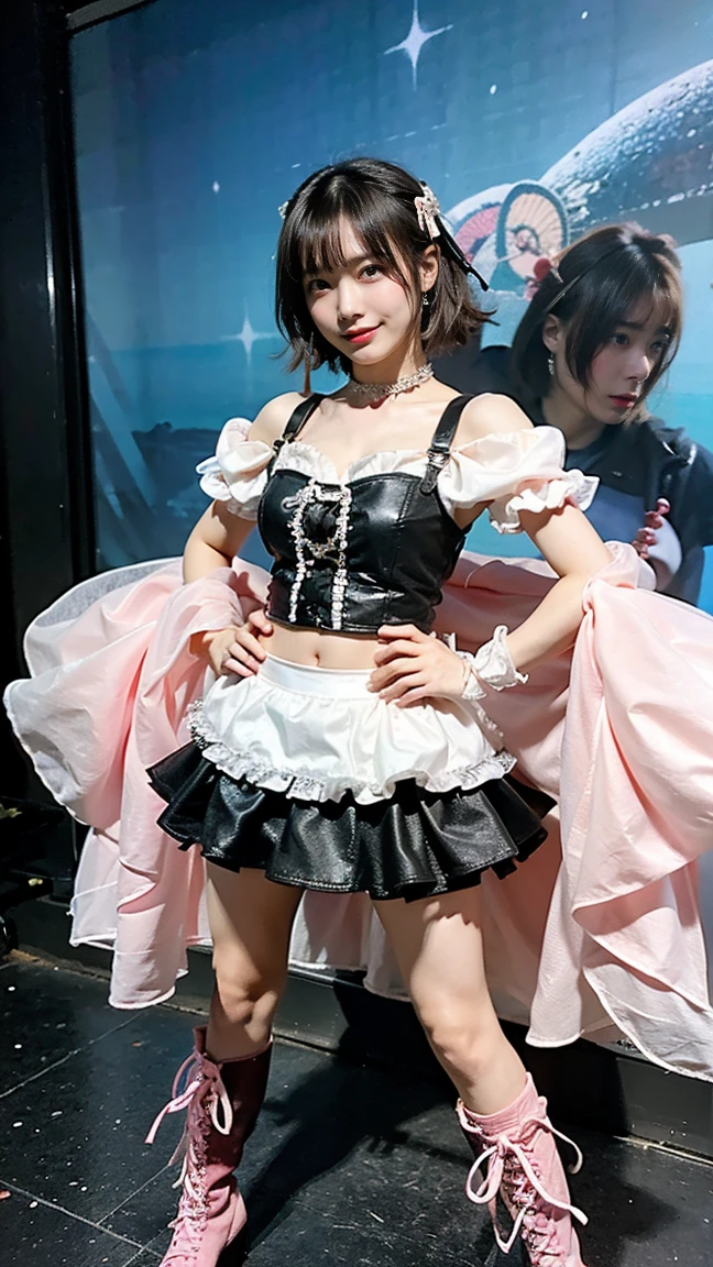 (8k、RAW Photos、highest quality、masterpiece:1.2)、(Realistic、Realistic)、1 girl、((Pink and black off-the-shoulder、See-through、Belly button、cute、Check mini skirt、Chest ribbon、boots、Large Breasts、stage、Night Park、Zoom out、Pretty Cure Costume、smile、View from the front、Standing with hands on hips))、Lots of eyelashes、Glowing eyelids、skeletally correct