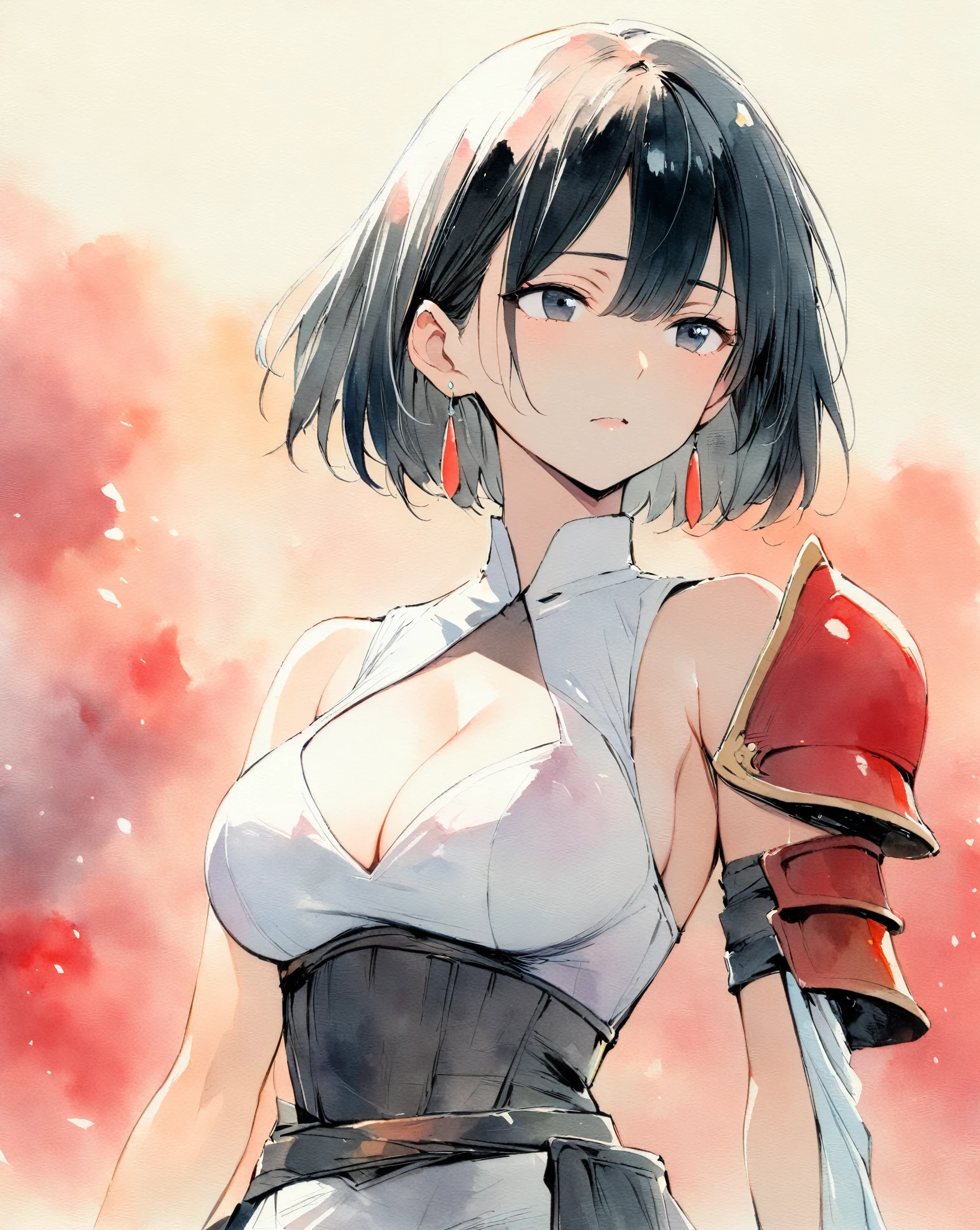 masterpiece, Best quality, watercolor (medium), 1girl, , Solitary, short hair, Cleavaand black hair, Black eyes, earrings, Bangs, jewelry, skirt, Bare shoulders, sleeveless, Hair between the eyes, 单Scapula, looking at the audience, large breast, armor,der armor, sleeveless skirt, Upper Body, Single sleeve, white skirt, Scapula, sneer