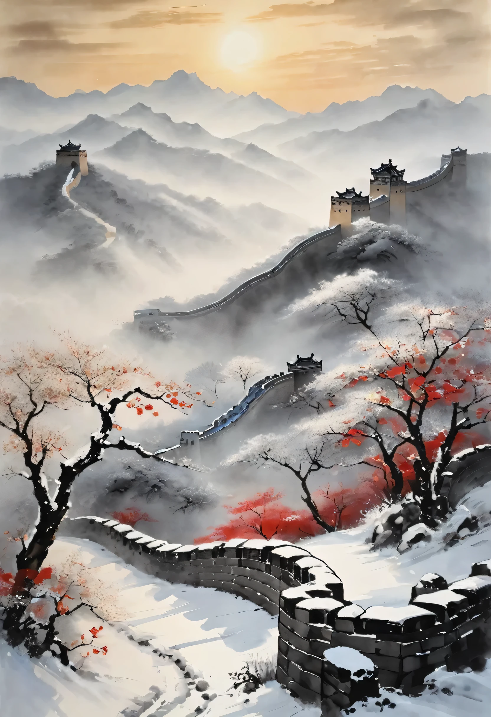 Traditional Chinese ink painting,Winter Wonderland,Early morning sunrise,The winding Great Wall,Subtle gray and black tones,majestic mountains,Snow covered trees,A light mist enveloped the entire scene,Peace and tranquility atmosphere,With hints of red and gold,Natural Elements,delicate brushstrokes,Ethereal Beauty,Black and white contrast,harmonious composition,Fine details,Beautiful movements,Sublime tranquility,artistic response,Sublime beauty,endless depth,Exquisite artistic craftsmanship,aesthetics,resonance,Traditional ink painting,Signed red seal.32k