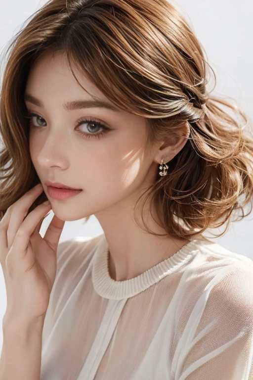 highest quality, Very detailed, masterpiece, 1 person,woman,(((完璧なwomanの体))),Very beautiful face, Very beautiful body,Gentle expression, Very beautiful eyes,(Perfect Makeup:1.1),Fashion Model,Curly Hair,Shaggy Hair,Fluorescent pink and blue hair:1.3, Very thin body,Smart Abs, Chiffon blouse,A kind smile,Upper body portrait,(White background), (Shiny skin),(Earrings),