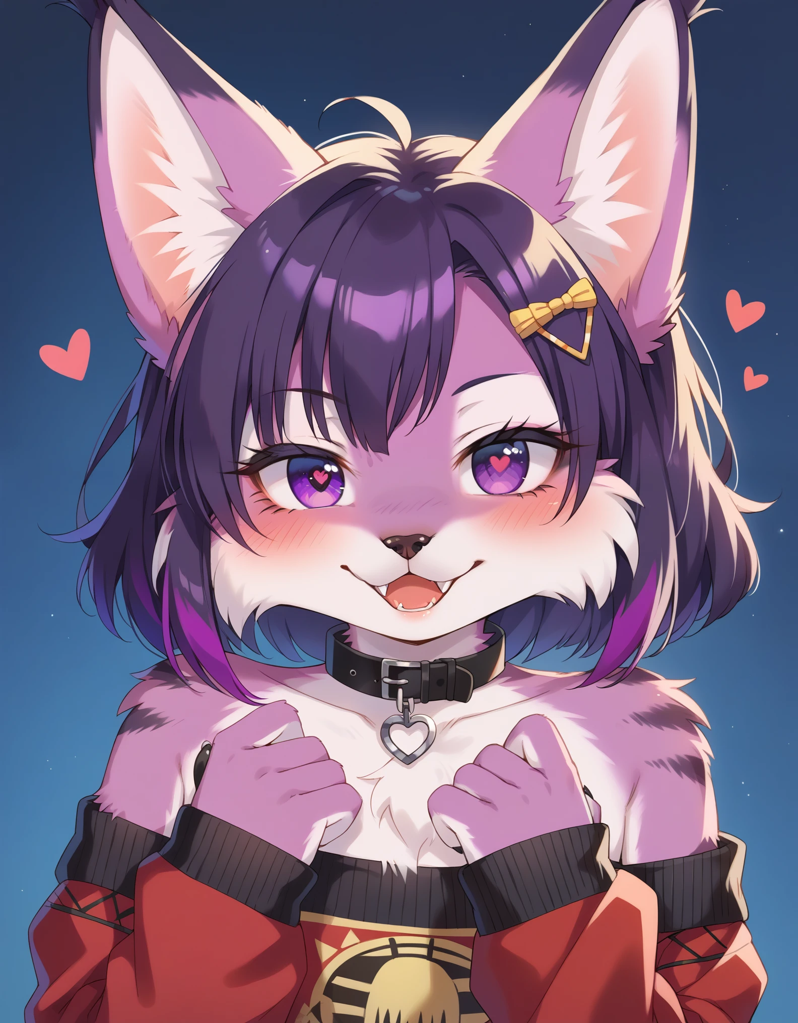 Furry female, (((eyeliner))), eyelashes, (((black eyeshadow))), ((female focus)), lynx, (((purple fur))), (purple hair), furry, cute fangs, cute, medium hair, furry, anime style, fluff, fluffy, thuft, disheveled, realistic fur, detailed, detailed shadows, cheeks fluff, ((fullrender)), <3 eyes, icon portrait, avatar icon, only face, smug face, ((super fluffy)), (upper body), one fang, ((shoulder fluff)), ((shoulder tuft)), ((hairy body)), (((fluffy body))), (((furry body))), thicc thighs, detailed hands, yiffy, teasing face, ((bedroom background)), (((kemono))), ((leg warmers)), ((arm warmers)), upper body, seductive pose, solo focus, ((by jinxit)), claws, blush, :P, (by kilver), hair accessories, hair ornaments, collar, standing, sports shorts, sweater,