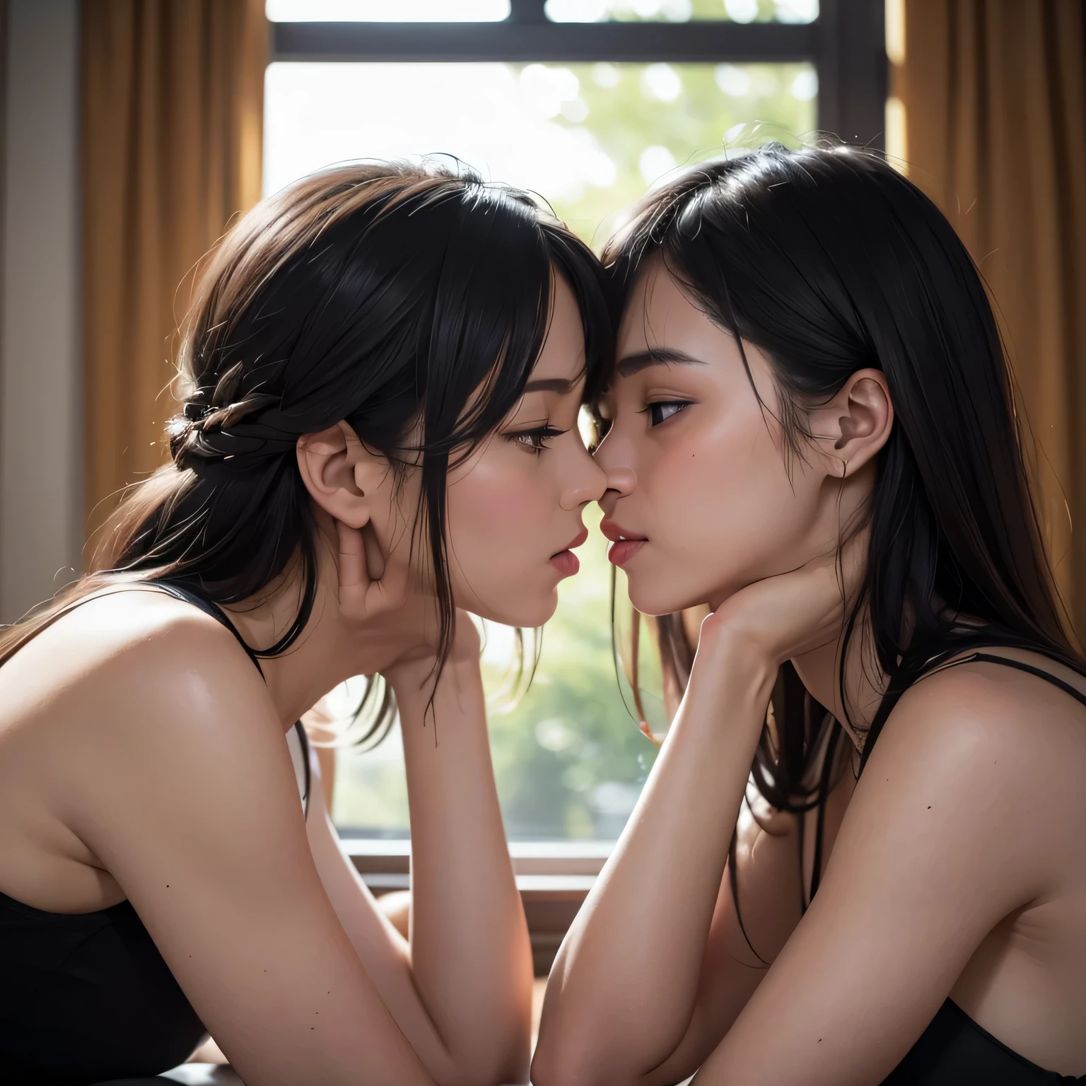 (best quality,4k,8k,highres,masterpiece:1.2),ultra-detailed,(realistic,photorealistic,photo-realistic:1.37), HDR, UHD, studio lighting, extreme detail description, professional, portraits, vivid colors, bokeh, lesbian couple, romance, women, kiss, mouth to mouth, attractive, holy shot, making out, wonderful scene, movie, lovely kiss, room together, cute, showcasing.

Notice：The prompt here starts with"woman"and"Woman kissing"For the theme，Matches the given topic description，Added detailed description。