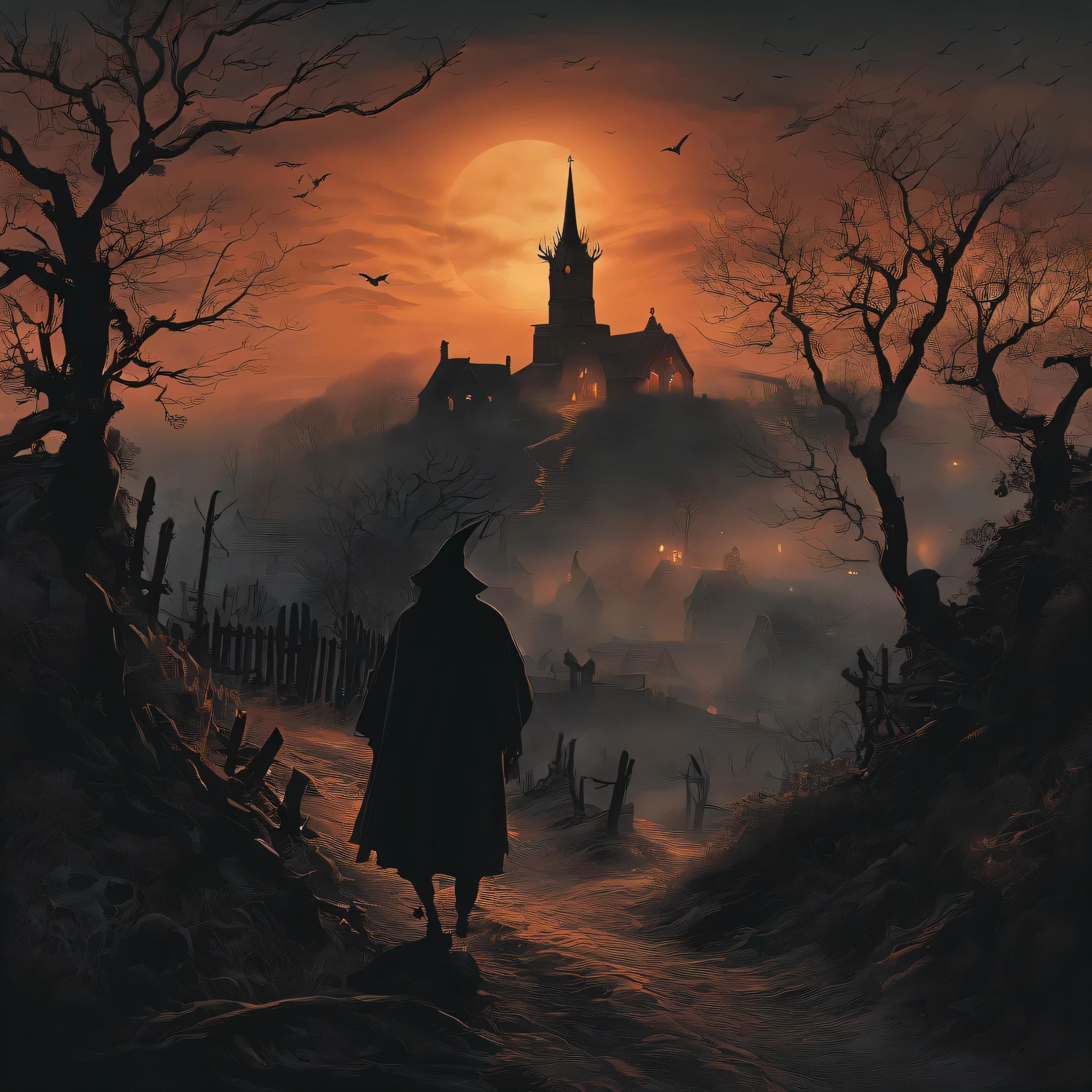 (best quality,4k,8k,highres,masterpiece:1.2),ultra-detailed,(realistic,photorealistic,photo-realistic:1.37),Death waiting in a top of the hill looking at the village,dark ominous clouds covering the sky,spooky atmosphere,ancient graveyard,creepy silhouette of a hooded figure,ethereal glow emanating from the figure's eyes and fingers,misty fog rolling over the village,flickering lanterns illuminating the narrow cobblestone streets of the village,distant church with a towering steeple,desolate wind howling through the barren trees,thick vines twisting around the figure,ominous silence pierced only by distant whispers,crows perched on decaying tombstones,an eerie mist enveloping the hill,ominous shadows cast by the figure,uneasy stillness in the air,hauntingly beautiful moonlight casting an otherworldly glow.