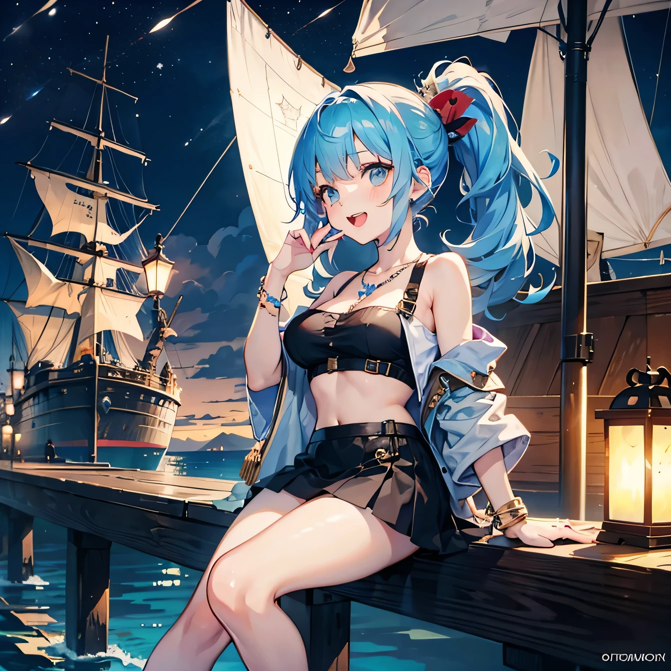 Anime Moe Art Style,highest quality,High resolution,Anatomically correct,One Girl,Mid-teens,A girl with light blue hair in a ponytail,Super detailed,Fantasy-style world,Off-the-shoulder tops,mini skirt,Big Breasts,Laughing with your mouth open,Pirate ship deck,Sitting on the railing,Looking up at the night sky,Eyes drawn in detail,hair ornaments,necklace,bracelet,ring,8K