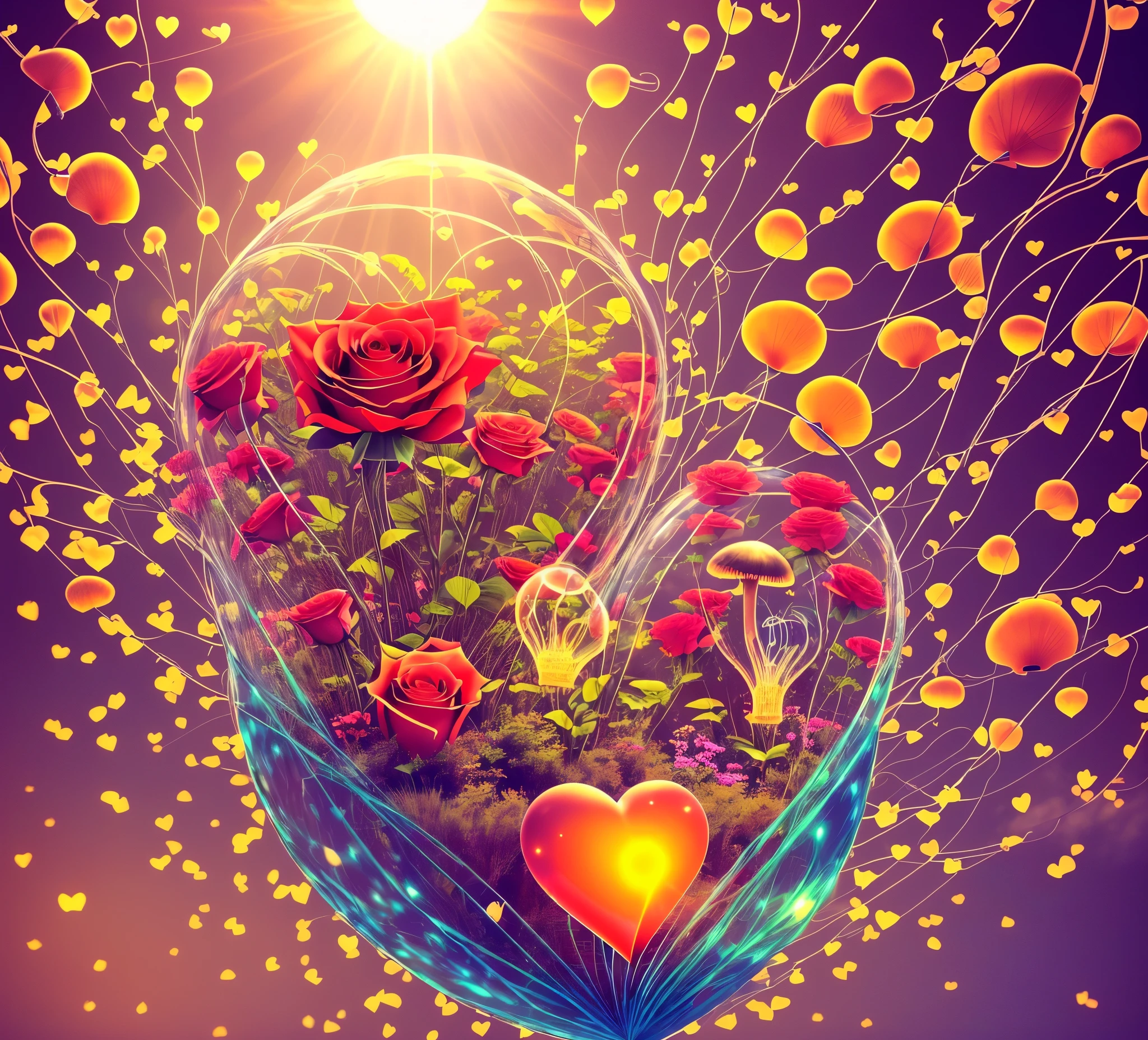 Imagine a realistic looking heart with chambers, surrounded by flowers, inside of sun, with neon mushrooms and jellyfish, with roses and plants all over, heart is beating music 