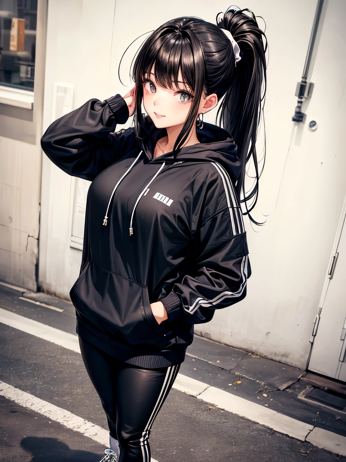 ((best quality)), ((masterpiece)), (detailed), perfect face,(18 years old),(beautiful girl), ponytail,(blackes Braun hair), cute smile (looking at vivers) on a streat road,( full body view),(detailed lips), perfect head ,(detailed face), wers a white hoodi black Stiles short pant that reaches nee, heads in hoodi pocket,(huge breasts),(perfect girl), Korean girl