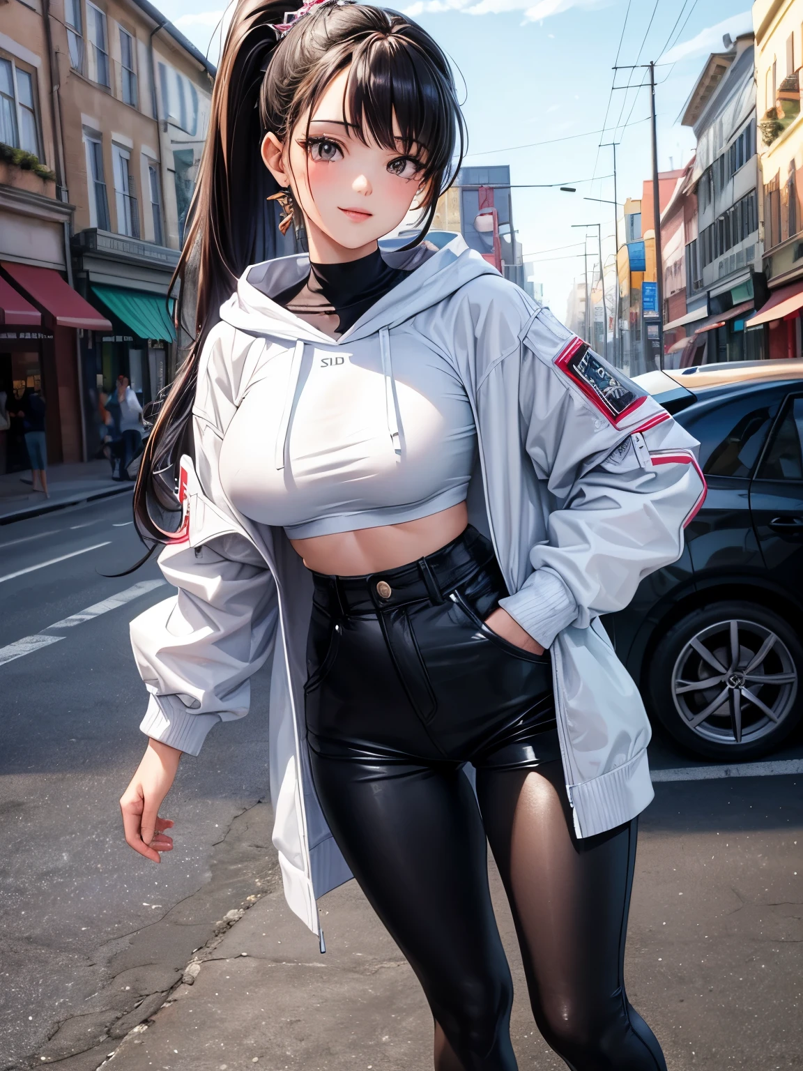 ((best quality)), ((masterpiece)), (detailed), perfect face,(18 years old),(beautiful girl), ponytail,(blackes Braun hair), cute smile (looking at vivers) on a streat road,( full body view),(detailed lips), perfect head ,(detailed face), wers a white hoodi black Stiles short pant that reaches nee, heads in hoodi pocket,(huge breasts),(perfect girl), Korean girl