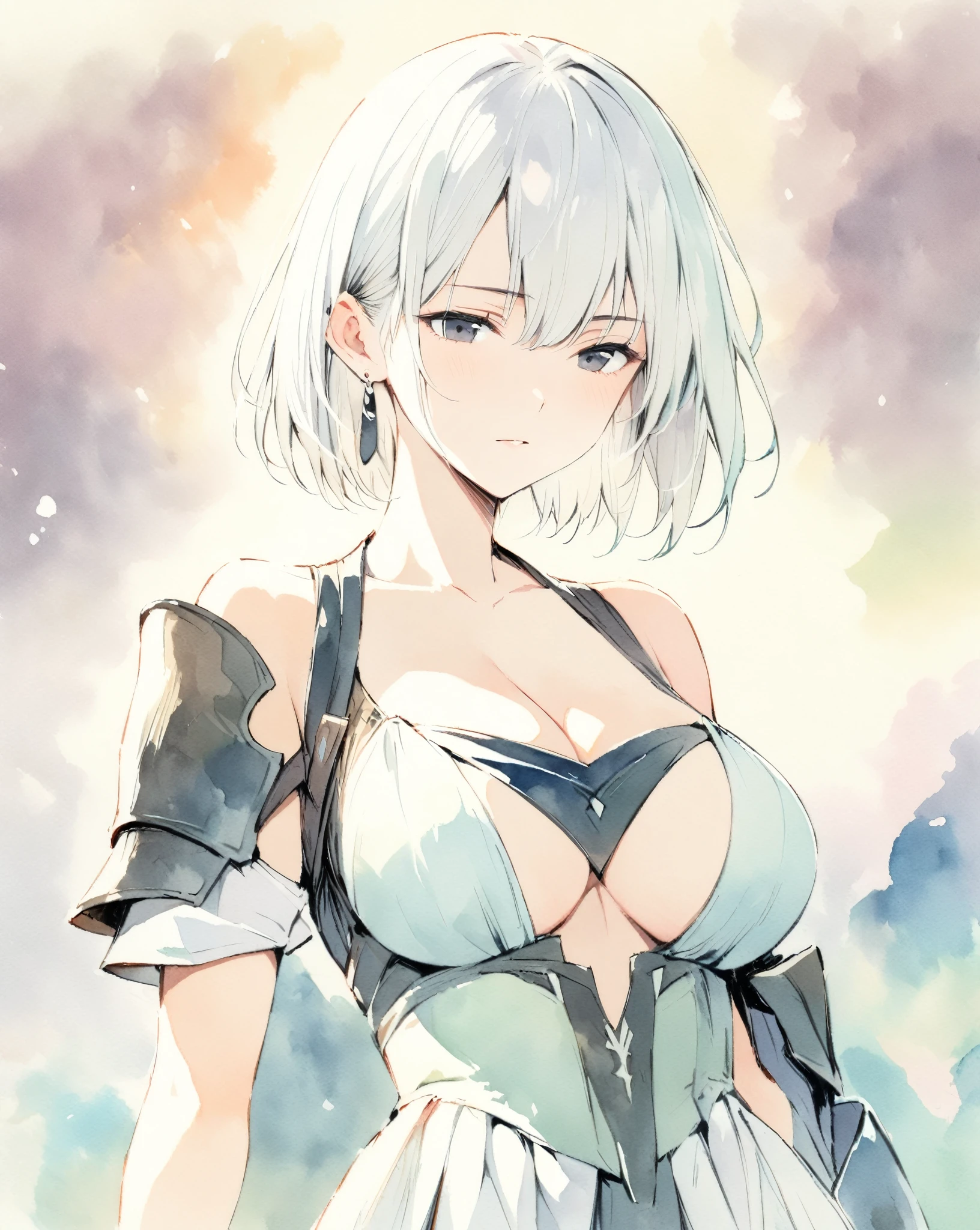 masterpiece, Best quality, watercolor (medium), 1girl, breast, Solitary, short hair, Cleavage, Black and white hair, Black eyes, earrings, Bangs, jewelry, skirt, Bare shoulders, sleeveless, Hair between the eyes, 单Scapula, looking at the audience, large breast, armor, shoulder armor, sleeveless skirt, Upper Body, Single sleeve, white skirt, Scapula, ridicule