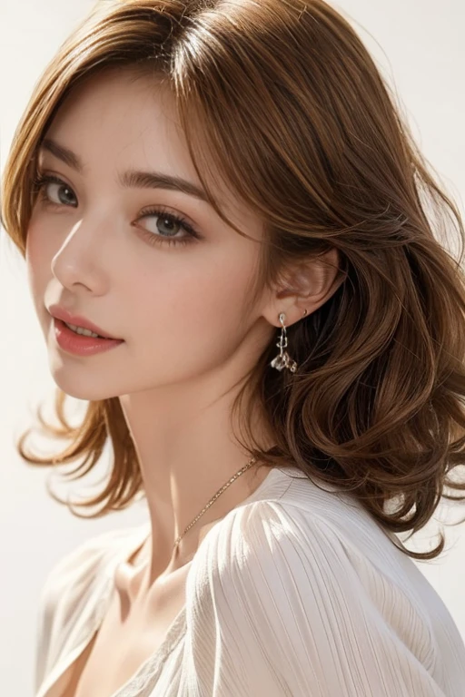 highest quality, Very detailed, masterpiece, 1 person,woman,(((完璧なwomanの体))),Very beautiful face, Very beautiful body,Gentle expression, Very beautiful eyes,(Perfect Makeup:1.1),Fashion Model,Curly Hair,Shaggy Hair,Candy-colored hair:1.3, Very thin body,Smart Abs, Chiffon blouse,A kind smile,Upper body portrait,(White background), (Shiny skin),(Earrings),