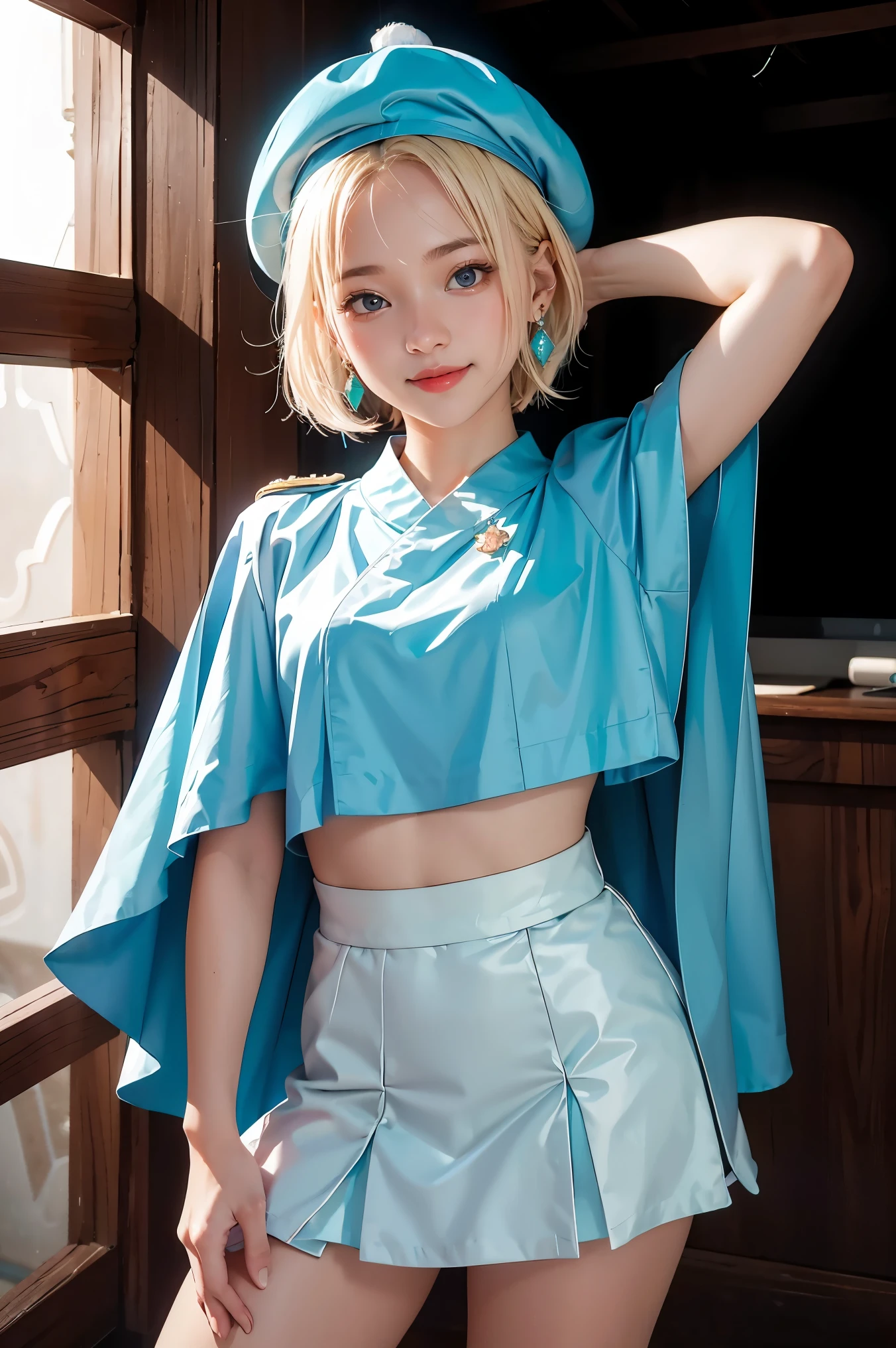 fajyobore-style, masterpiece, best quality, 1girl, 21 years old, smile, pink lips, aqua eyes, blue beret, blonde hair, closed mouth, earrings, hat, gem earrings, jewelry, looking at viewer, miniskirt, shirt, blue cape, short hair, solo, cowboy shot, hands behind head, dim, dark, high contrast, caustics 