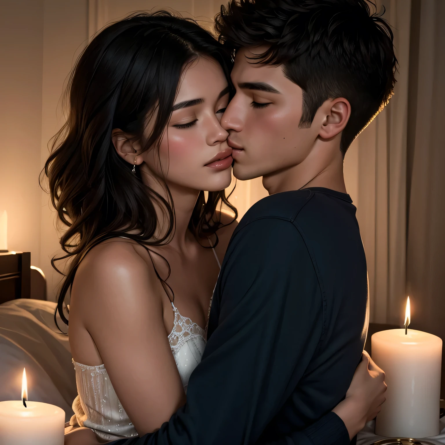 (best quality, highres, portrait), passionate, young boy kissing woman, lips touching, hugging tight, blushing intensely, eyes closed, bed, night time, candles lit