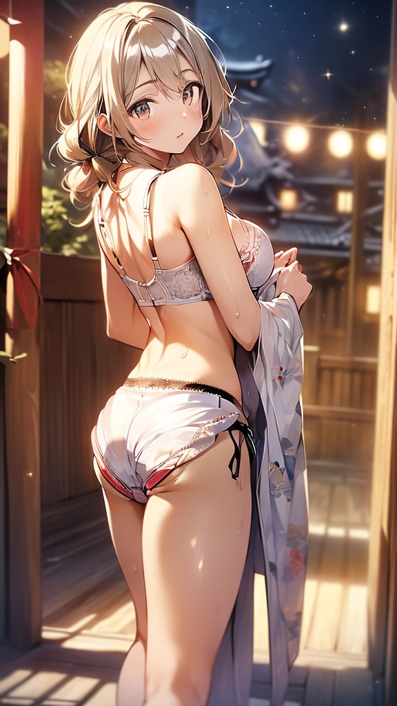 (((night,真night中))),(whole body),(((Cinema Lighting))),((Perfect Anatomy:1.2,Realistic:1.3,RAW Photos:1.3,masterpiece、highest quality、Ultra - High resolution、High resolution、Highly detailed CG、8k)),((旅館のJapanese-style room))、((((Dynamic Pose)))),((Dynamic Angle)),(((Secret Travel)))、((sex))、indoor、1 female,alone,18-year-old、High school girl beautiful girl,Japanese,((Beautiful and graceful face and eyes:1.2,Big beautiful eyes:1.0,)),(Bright Eyes),((Beautiful woman))、((blonde)),Long Hair,(Random hairstyle),Medium Chest,((The body is slim)),Small Head:1.3,skinny,(Brown Skin:1.8),((Oily skin,Glowing Skin,Shiny skin,Sweat:1.4)),(((Kimono 1.8))),{{{Undressing}}},(prostitution),Japanese-style room,((Turn your body forward)),Stick out your crotch、(Detailed depiction of the crotch),break,(((Satin Bra)))、(((satin panties)))、(Shiny bra:2),((Shiny panties:2))、(((Award-winning design underwear))),((((Bra and panties are the same color))))、break,((White underwear:1.5))、(((Underwear with lace)))、(((Luxury Lingerie)))