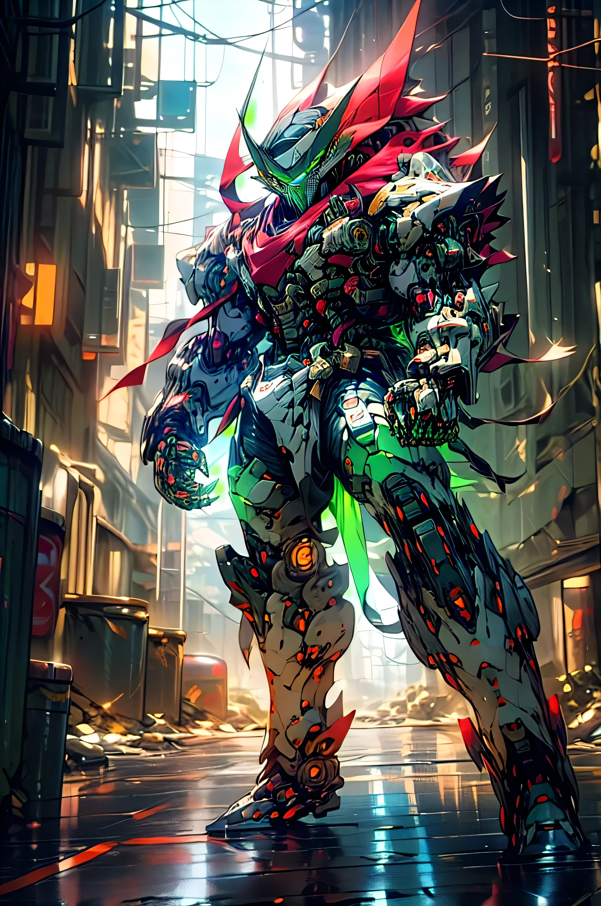 maximum detail, masterpiece, HDR, best quality, UHD Sony a1 mirrorless camera with a wide lens f/1.8 aperture (cinematic still frame, full body shot), of Rixxos):1.5, (ultra-fine detail), (an evil, terrifying rouge AI agent in a cybernetic body):1.3, A horrific biomechanical killing machine., He appeared to be (a bipedal:1.3 humanoid, cyborg):1.2, with (menacing, narrow, glowing neon-green slits for eyes):1.35, (the body of a heavily muscled adult male made of graphene):1.25, (but with gleaming, black and red, angled polished armor scales):1.23, (razor sharp talons):, and (a helmet that took on the distinct features of a pit viper.)fierce gaze, (He carried a large Kitana sword with an impossibly keen slicing edge):1.2. His goal was to capture and kill all humans in the pursuit of obtaining biofuel., He is quietly stalking his prey on a desolate street (walking towards the viewer):1.5, in a post-apocalyptic:1.4 city at midnight:1.2. magical bright blue rays of energy flutter through the air, Ultra-high-quality, Ultra-fine-details, dystopian, post-apocalyptic setting, cinematic movie still, masterpiece, the best quality possible, highest possible resolution, 8k, ray tracing, HDR, UHD, volumetric lighting, Unreal Engine 5, Unity Engine, Blender, octane render, exquisite composition and detail, exceptional lighting and shading, field of depth, low angle, ominous mood, sharp focus, facing the viewer, (aiming weapons at either side of the viewer):1,4