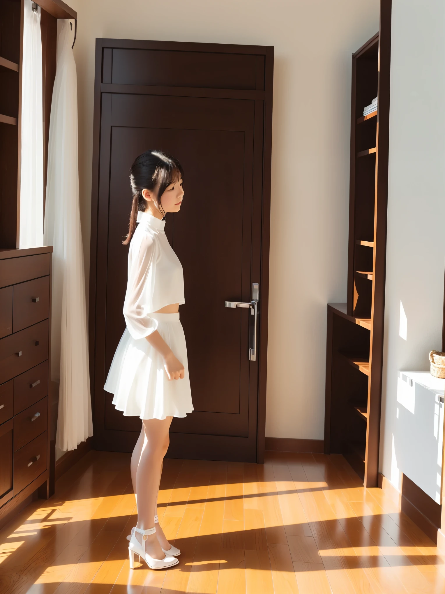 ((Full body:1.2,Voyeur from the side:1.2,from a distance:1.2)),3 Japanese girls,(kneeling),(arms behind back),blushing and embarrassed face,summer casual style,See-through white blouse,See-through white flare skirt,white choker,See-through white Panty,white high heels,slim body shape,from below,realistic,best quality,ultra-detailed,high resolution,beautiful white skin,looking at another,flooring room