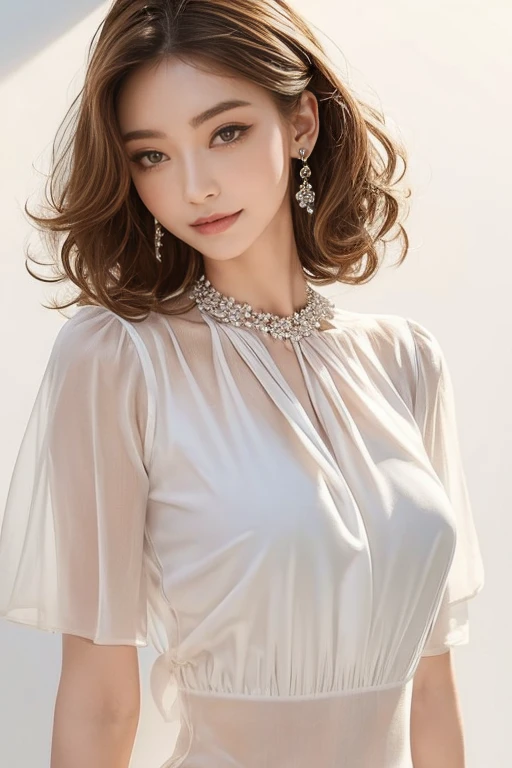 highest quality, Very detailed, masterpiece, 1 person,woman,(((完璧なwomanの体))),Very beautiful face, Very beautiful body,Gentle expression, Very beautiful eyes,(Perfect Makeup:1.1),Fashion Model,Curly Hair,Shaggy Hair,Candy-colored hair:1.3, Very thin body,Smart Abs, Chiffon blouse,A kind smile,Upper body portrait,(White background), (Shiny skin),(Earrings),