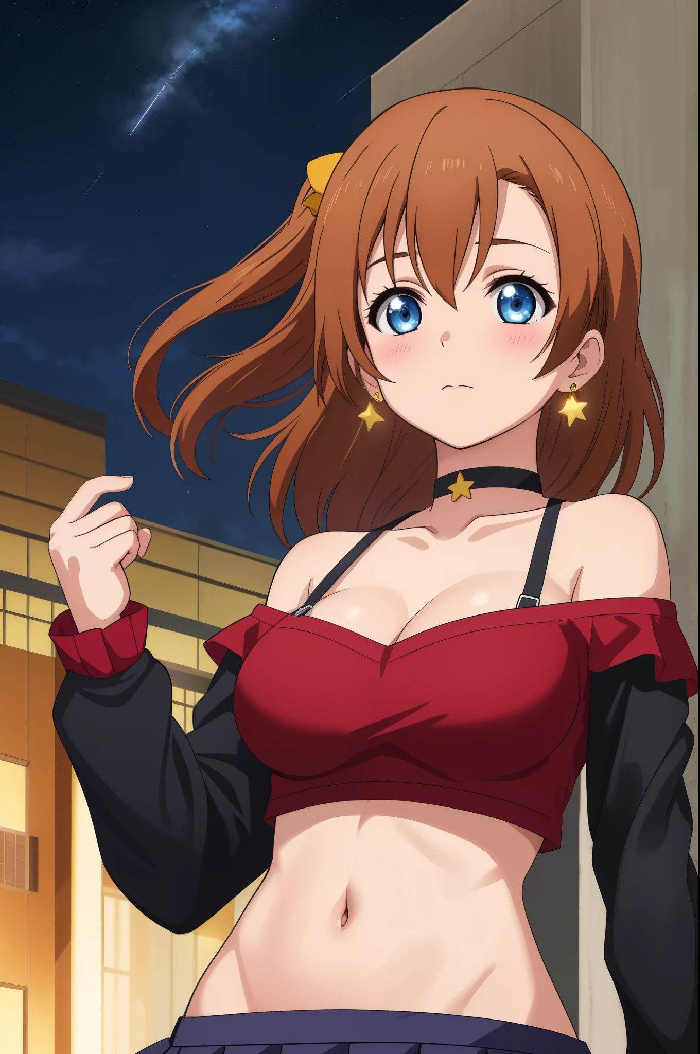 (Masterpiece, Best Quality, High Quality), upper body, only sky on background,kousaka honoka, blue eyes,volumetric lighting, illustration, beautiful, breasts, from below, blush, bangs, skirt, large_breasts, shirt, long_sleeves, navel, bare_shoulders, jewelry, closed_mouth, collarbone, pleated_skirt, earrings, outdoors, sky, choker, midriff, hand_up, black_skirt, off_shoulder, crop_top, black_shirt, night, floating_hair, halterneck, black_choker, star_(sky), night_sky, starry_sky
