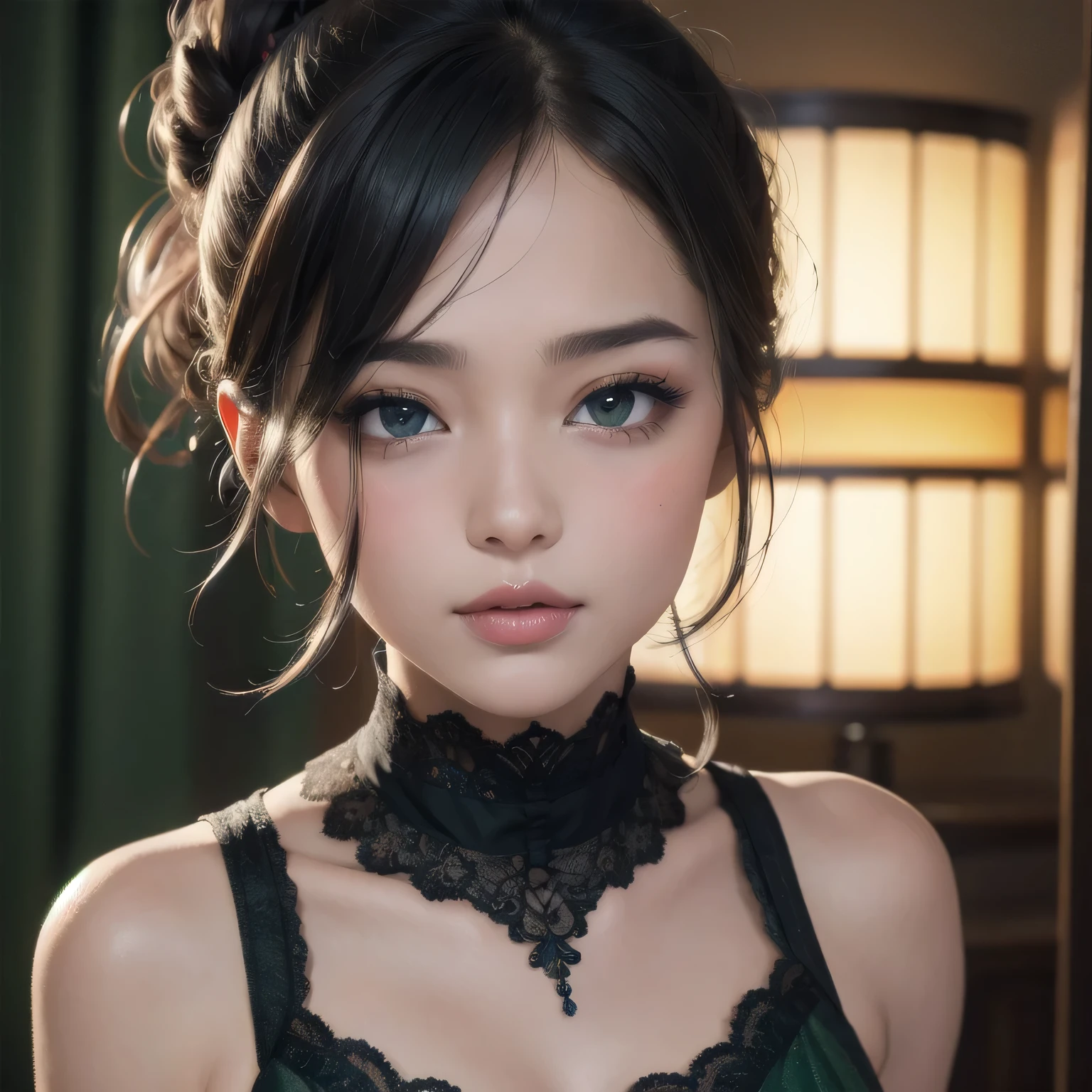 (best quality, 4k, highres, masterpiece:1.2), ultra-detailed, realistic:1.37, portraits, vivid colors, sharp focus, studio lighting, physically-based rendering, extreme detail description, sexy woman, beautiful detailed eyes, beautiful detailed lips, messy bun, amazing makeup, intense blush, flustered, lustful expression, black blouse, sheer dark green saree, hot