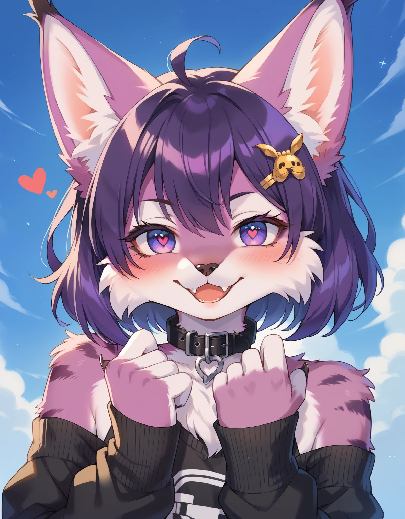 score_9, score_8_up, score_7_up, score_6_up, Furry male, (((eyeliner))), eyelashes, (((black eyeshadow))), ((male focus)), lynx, (((purple fur))), (purple hair), furry, cute fangs, cute, medium hair, furry, anime style, fluff, fluffy, thuft, disheveled, realistic fur, detailed, detailed shadows, cheeks fluff, ((fullrender)), <3 eyes, icon portrait, avatar icon, only face, smug face, ((super fluffy)), (upper body), one fang, ((shoulder fluff)), ((shoulder tuft)), ((hairy body)), (((fluffy body))), (((furry body))), thicc thighs, detailed hands, yiffy, teasing face, ((bedroom background)), (((kemono))), ((leg warmers)), ((arm warmers)), upper body, seductive pose, solo focus, ((by jinxit)), claws, blush, :P, (by kilver), hair accessories, hair ornaments, collar, standing, sports shorts, sweater,