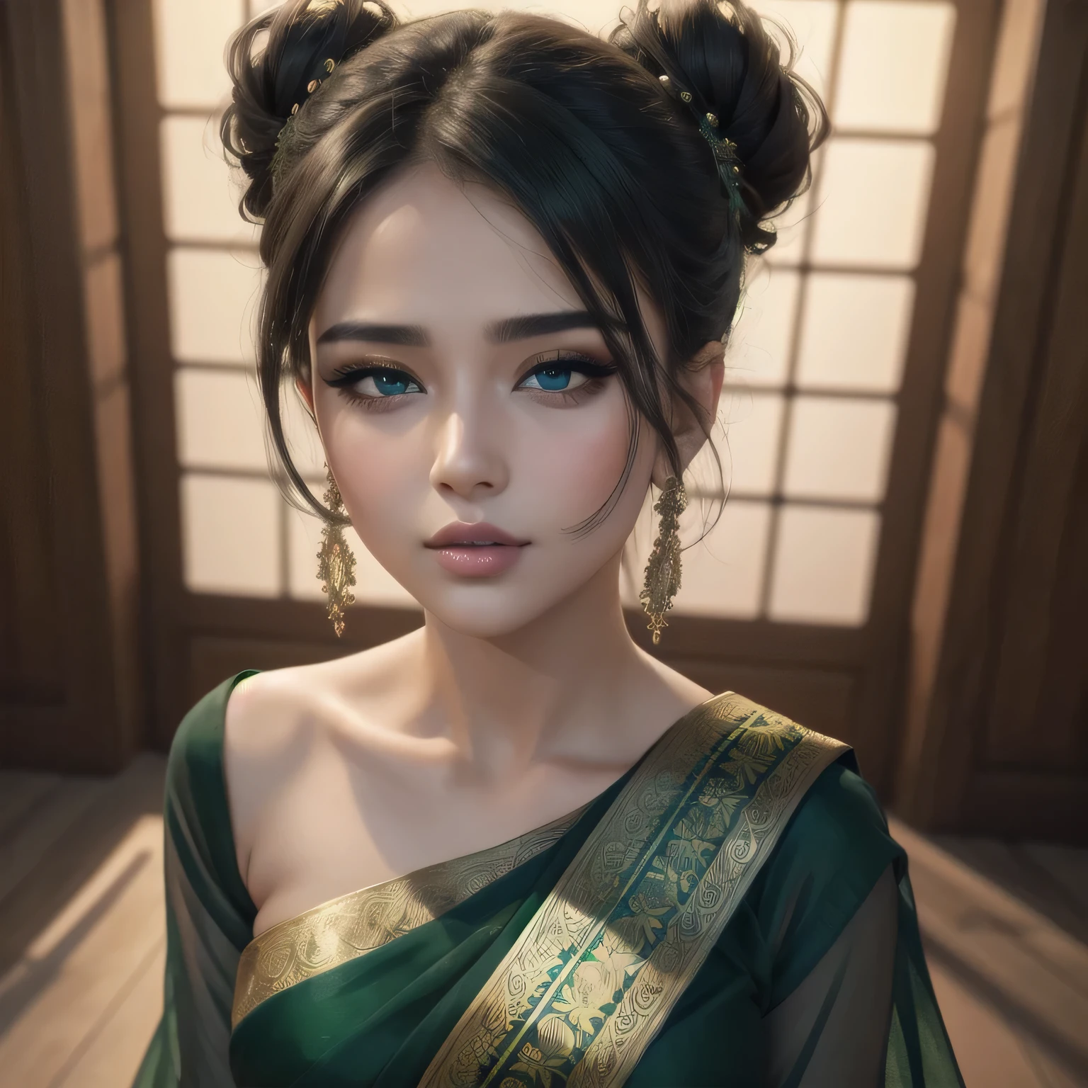 (best quality, 4k, highres, masterpiece:1.2), ultra-detailed, realistic:1.37, portraits, vivid colors, sharp focus, studio lighting, physically-based rendering, extreme detail description, sexy woman, beautiful detailed eyes, beautiful detailed lips, messy bun, amazing makeup, intense blush, flustered, lustful expression, black blouse, sheer dark green saree, hot