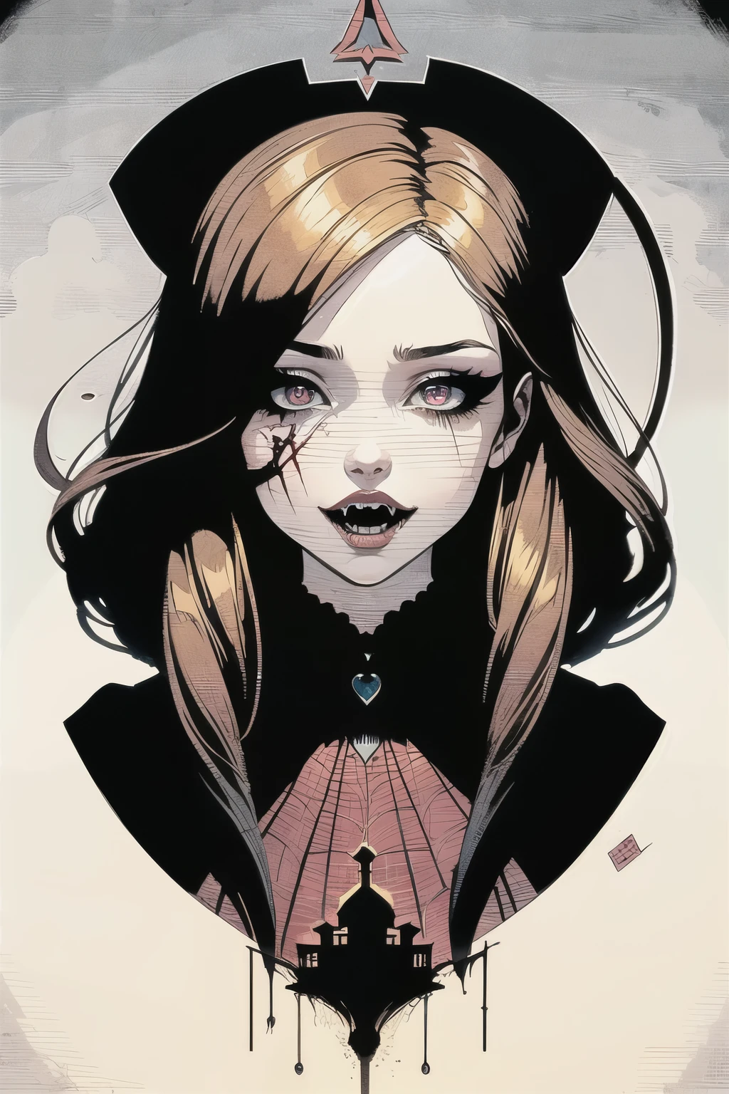 (masterpiece:1), (highest quality:1), High Contrast, strong Shadow, outline, 1 girl, Adult female,  Pink Eyes, Light brown beach wave hair, 
Style - Gravity Magic, Portraiture, alone, (whole body:0.6), Look down, Detailed Background, Detailed face, ((Dark fantasy:0.8), dark fantasy theme:1.1) vampire,  Bloodthirsty, Pale skin, vampire fangs, Flowing [dark:dark red:5] Clothes,   High collar, meanwhile, deep in thought, Evil expressions, Bloodstain, Ghostly, superpower, Otherworldly aura, Magical red glow,  Spider web, dark castle in background,  dark clouds,   fog, Shadow, Mysterious atmosphere,