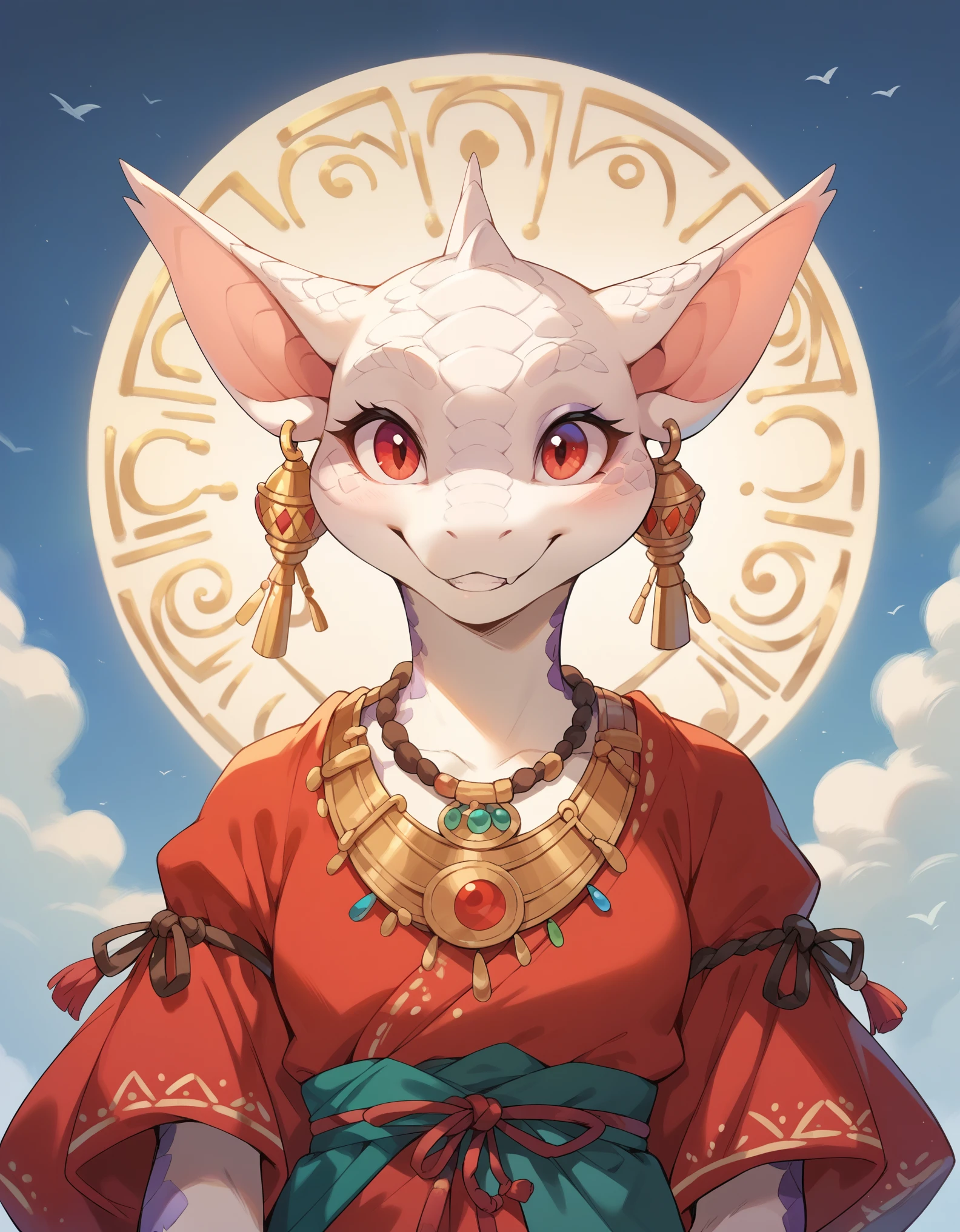 score_9, score_8_up, score_7_up, score_6_up, furry,anthro,solo,masterpiece,high detail,best shadow,8K,white lizard,crusch lulu,furry,scales body,female_focus,fantasy native clothing,front view,happy,smile,red eyes