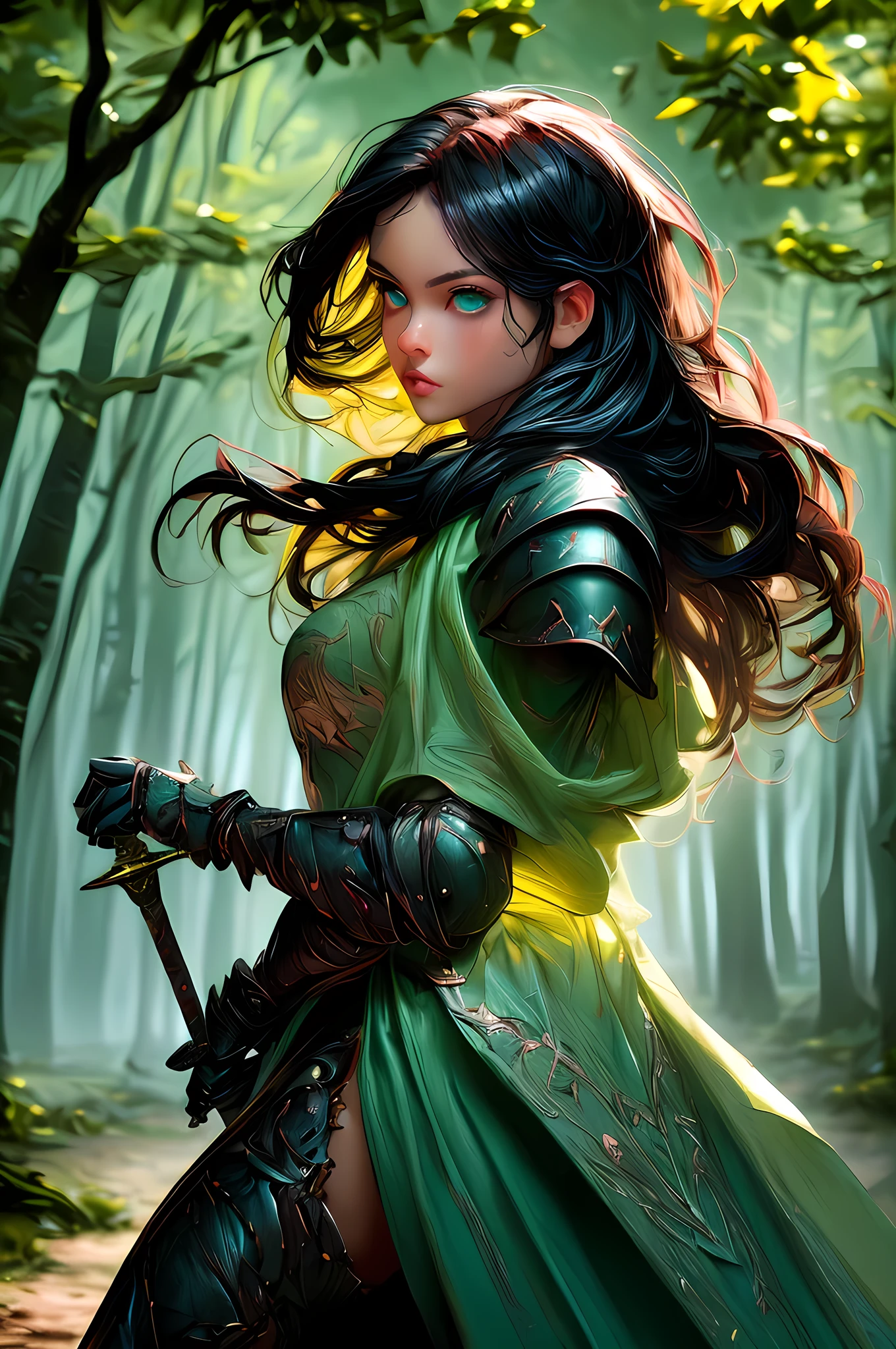 a picture of woman paladin of nature protecting the forest, a woman knight, black hair, long hair, full body (best details, Masterpiece, best quality :1.5), ultra detailed face (best details, Masterpiece, best quality :1.5), ultra feminine (best details, Masterpiece, best quality :1.5), (black hair: 1.2), long hair, braided hair, pale skin, (deep blue: 1.2) eyes, intense eyes, wearying heavy armor, (white armor: 1.2)  (best details, Masterpiece, best quality :1.5), (green cloak: 1.2) , armed with a sword, glowing sword GlowingRunes_yellow, fantasy forest background, D&D art, RPG art, magical atmosphere magic-fantasy-forest, ultra best realistic, best details, best quality, 16k, [ultra detailed], masterpiece, best quality, (extremely detailed), ultra wide shot, photorealism, depth of field, hyper realistic painting