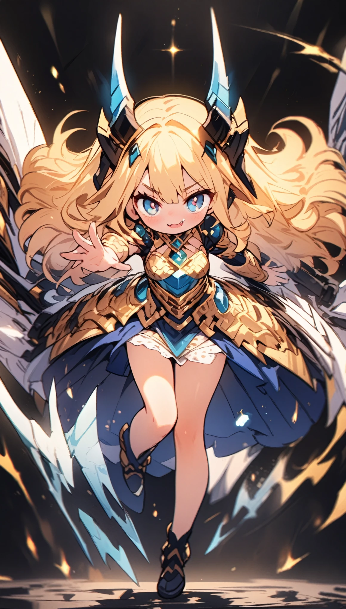 masterpiece, Best Quality, Very detailed, High resolution, Japanese anime、1girl, Blonde Hair、（ Medium length hair：1.4）、Side braid hair, Curly Hair, Wavy Hair、, Drill Hair, Curly Outward Hair, Dragon Horn, (mechanical wing:1.2), (blue eyes：1.5）、（Beautiful detailed eyes：1.4）、Laughter、12 years old、3 heads, original character, Fantasy、（Black Background：1.2）、(full body:1.8)、Beautiful fingers, Are standing、（Gold blue Lace Frill Armor Dress：1.5）、（Jeweled Headgear：1.5）、Photographed from the front, View your viewers